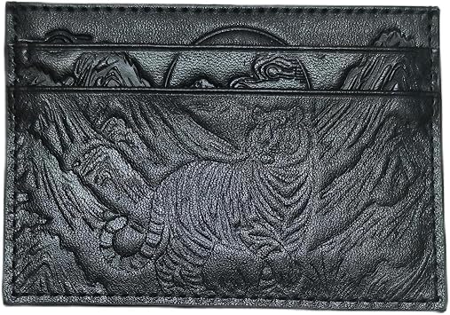 Averys Boutique Genuine Leather Slim Card Holder Minimalist Unisex Wallet with Elegant Embossed Pattern, RFID Blocking Card Holder for Men & WomenTiger, Jet Black