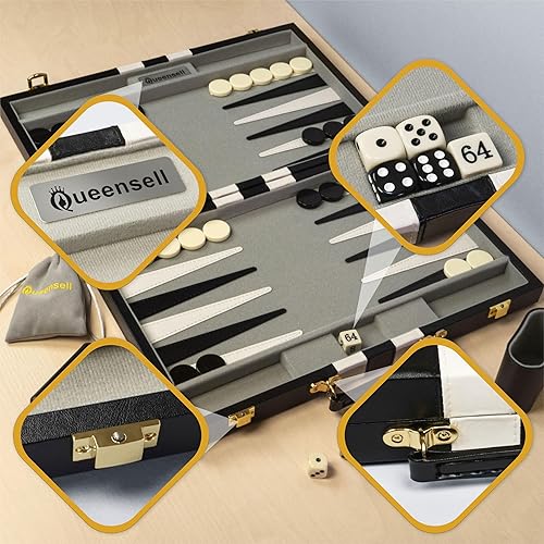 Miniatura 8 de Backgammon - Juego de mesa de cuero sintético negro de 15 pulgadas para adultos, juego clásico de backgammon de viaje para 2 jugadores con 32 piezas