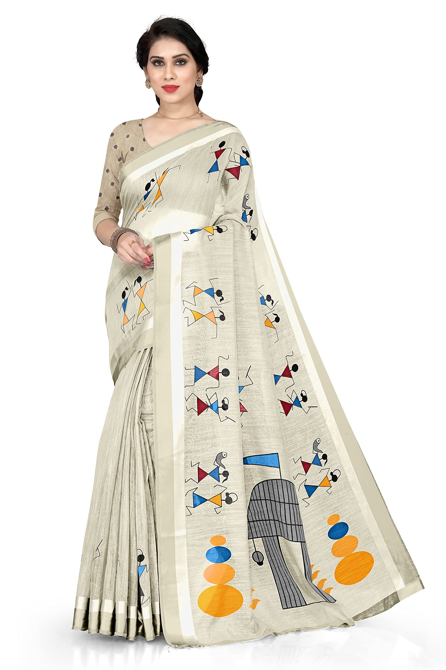 Women's Cotton Blend Tribal Art Warli Printed Designer Saree with Blouse Piece