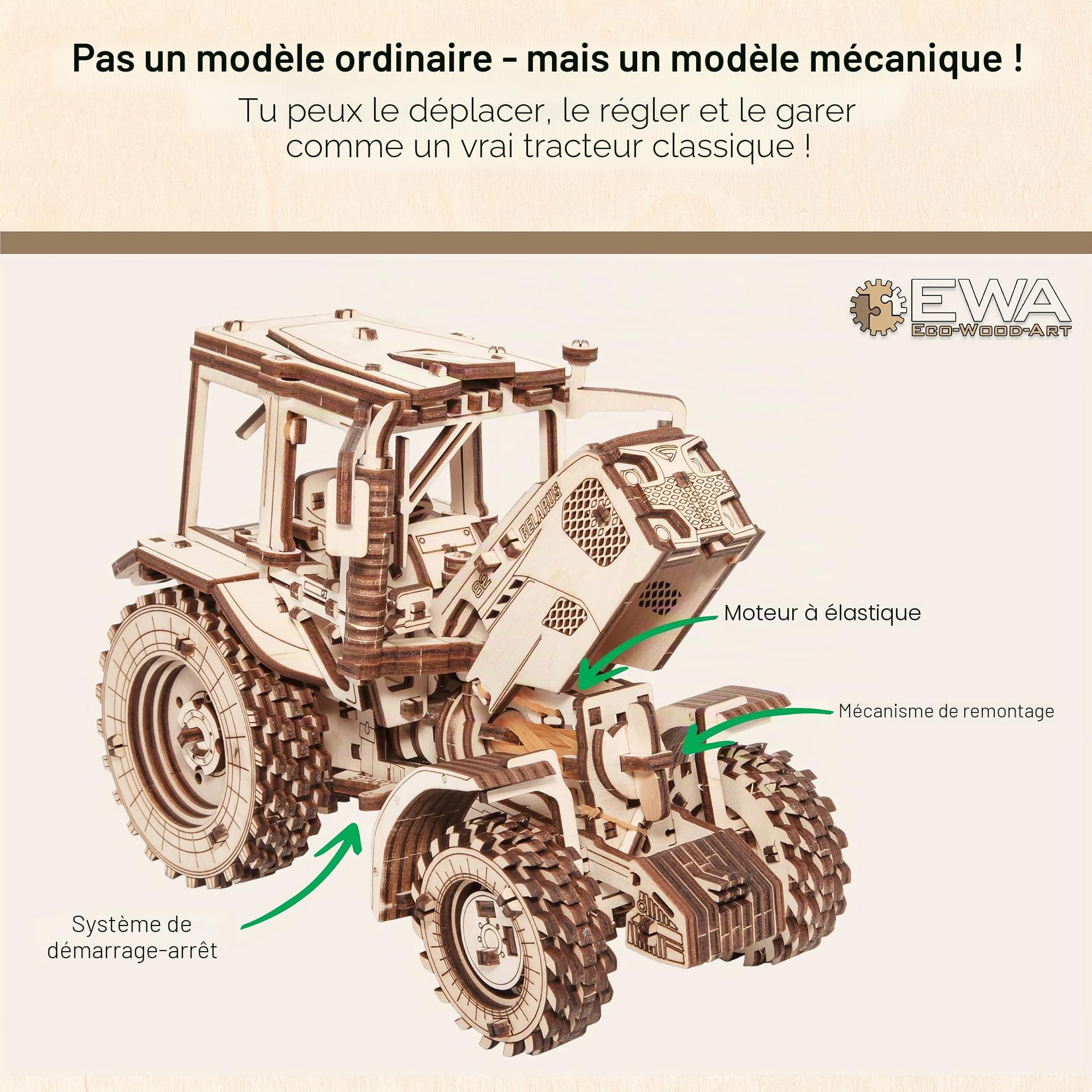 EWA Eco-Wood-Art - Tractor BELARUS-82 - Puzzle 3D mécanique en Bois - Casse-tête pour Adultes et Adolescents -à Monter soi-même sans Colle- 269 pièces, Naturel