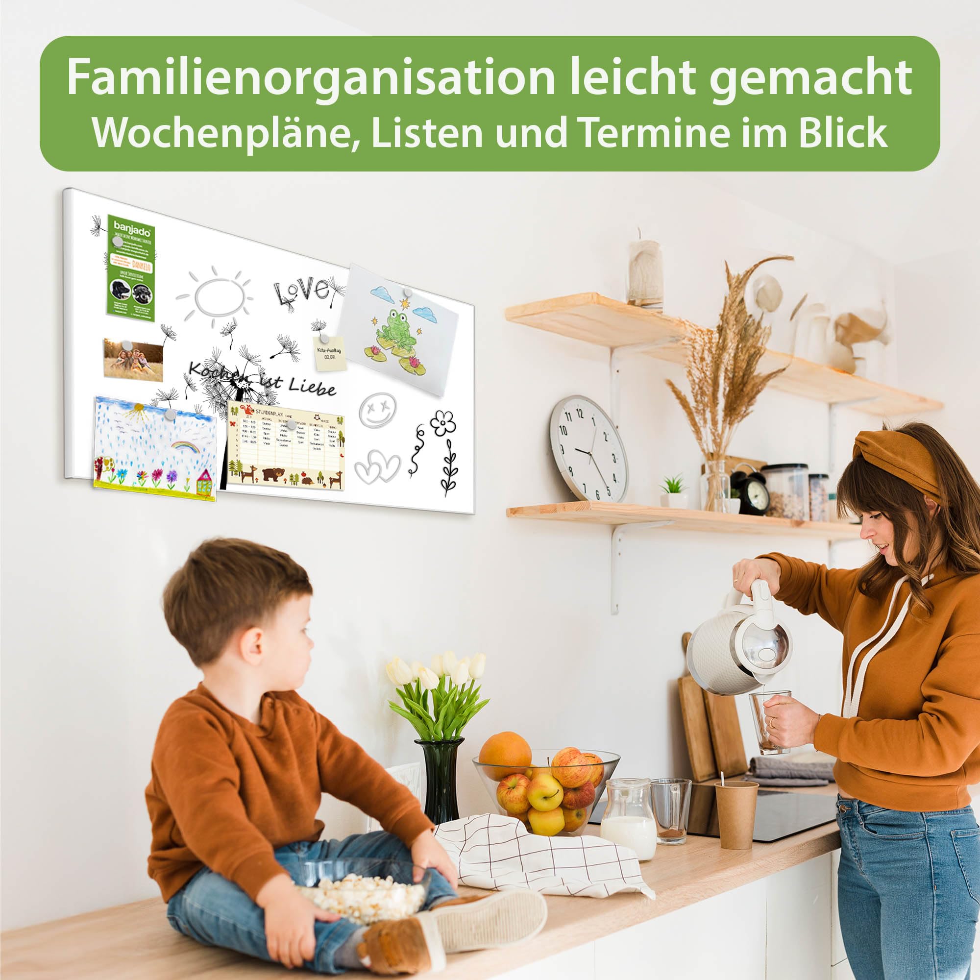 banjado Magnettafel Metall 78 x 37cm - beschreibbare Magnettafel - Metall Pinnwand als Memoboard - Magnetwand Küche, Büro, Kinderzimmer Weiß inkl. 4 Magnete & Montageset - Motiv Pusteblume 2