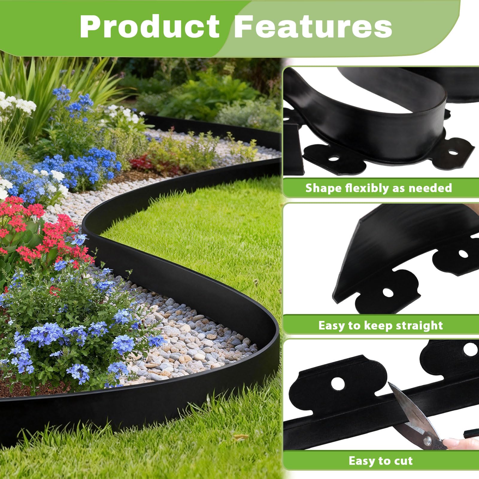 Bordure de Jardin Flexible 10m, Hauteur 5cm, avec 30 Piquets, 1 connecteur et 1 Petite Pelle, pour pelouse, Parterre Jardin. (Noir, 5cmx10m)
