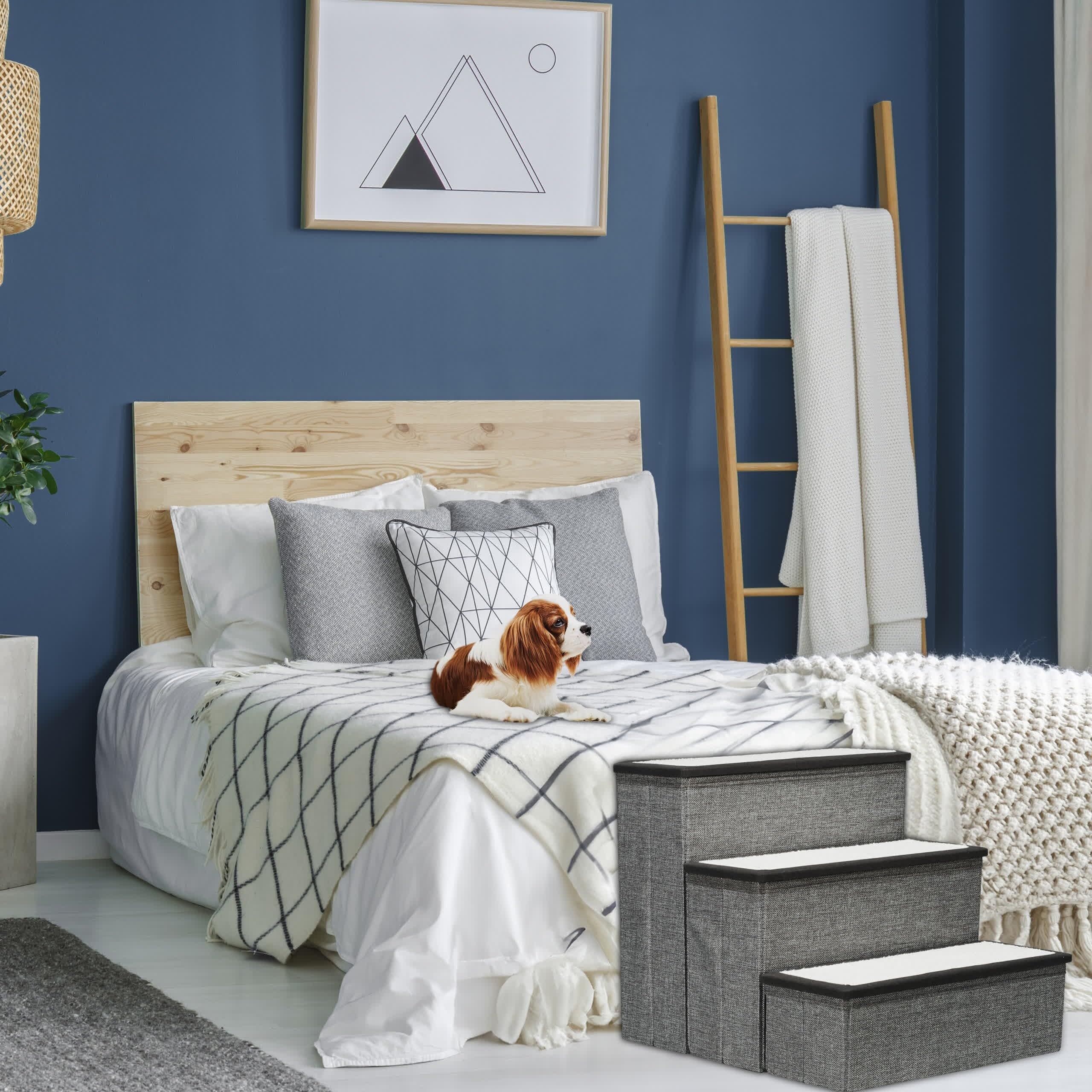 Relaxdays Scaletta a 3 Gradini per Cani e Gatti, Scala Pieghevole per Letto e Divano, Box, 39x40x49 cm, Grigio Bianco