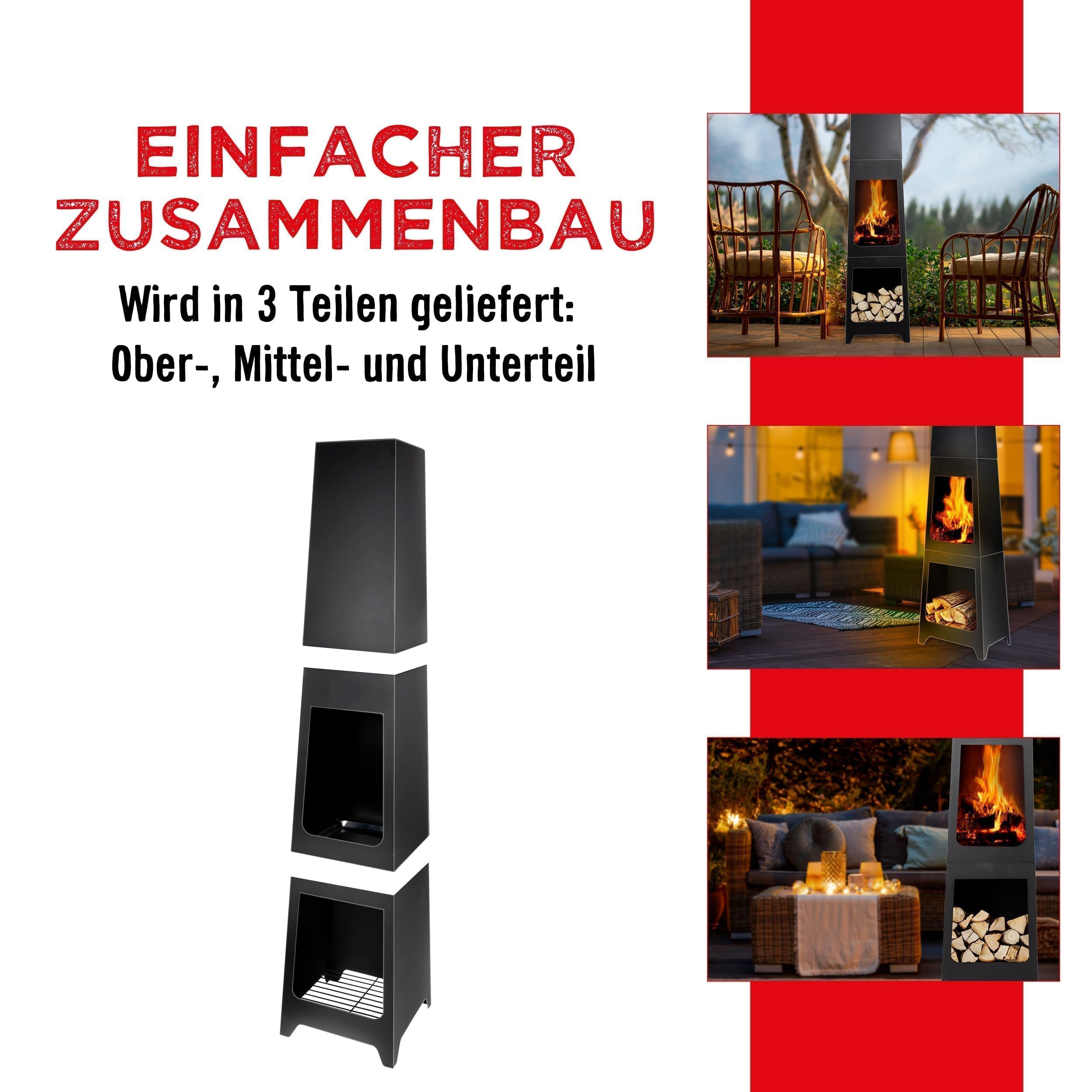 BBQ Collection Chimenea de jardín, Cesta de Fuego, Calentador de Patio, Exterior, Negro, 36 x 36 x 150 cm