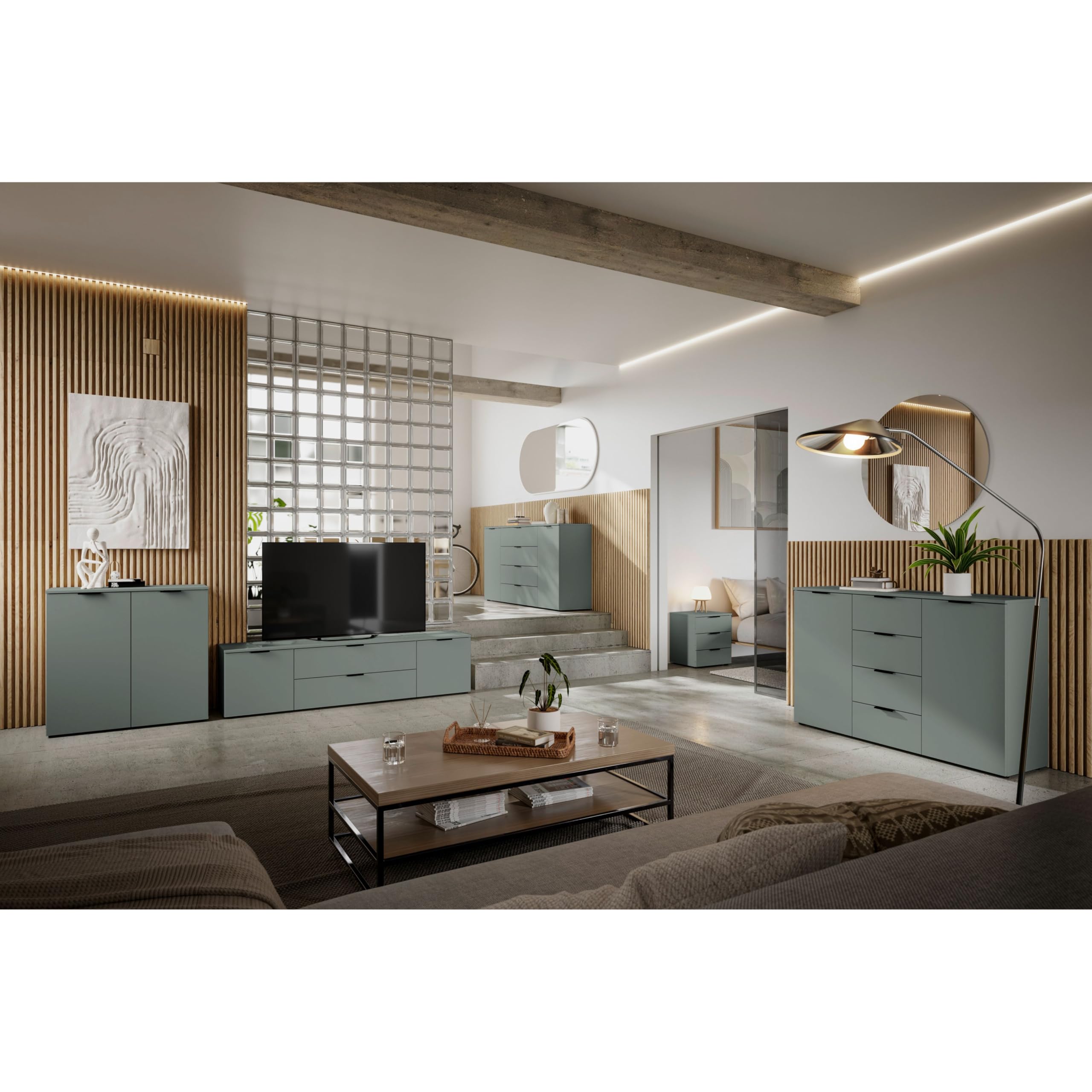 LINZ Meuble TV Bas, Couleur Sauge, Meuble TV Moderne, avec tiroirs et Beaucoup d'espace de Rangement, 180 x 47 x 40 cm (l x H x P)