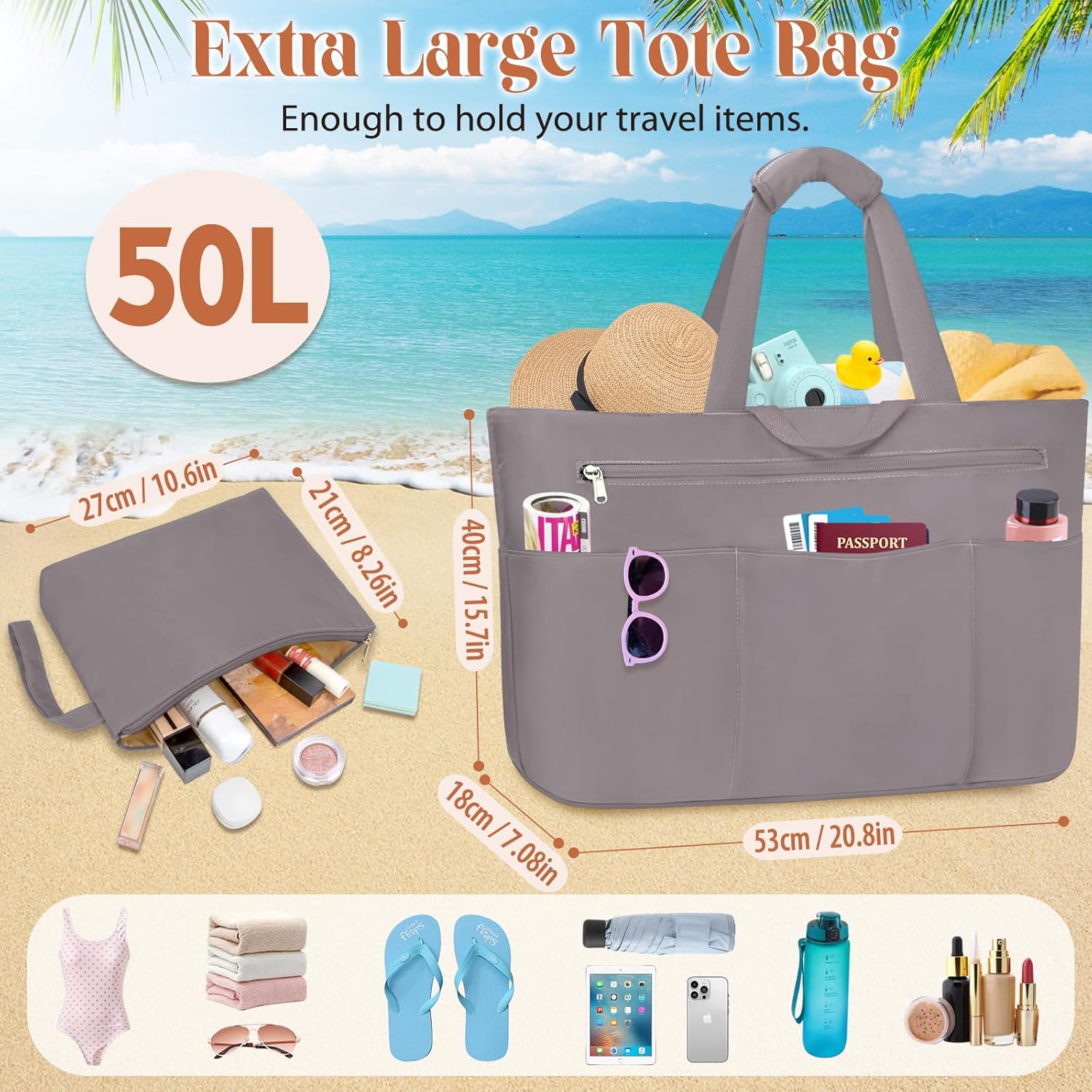 HUANLANG Large Beach Tote Bags for Women Men,Big Beach Bag with Zipper Wet Pocket,Extra Large Tote Bag for Travel Pool - Image 7