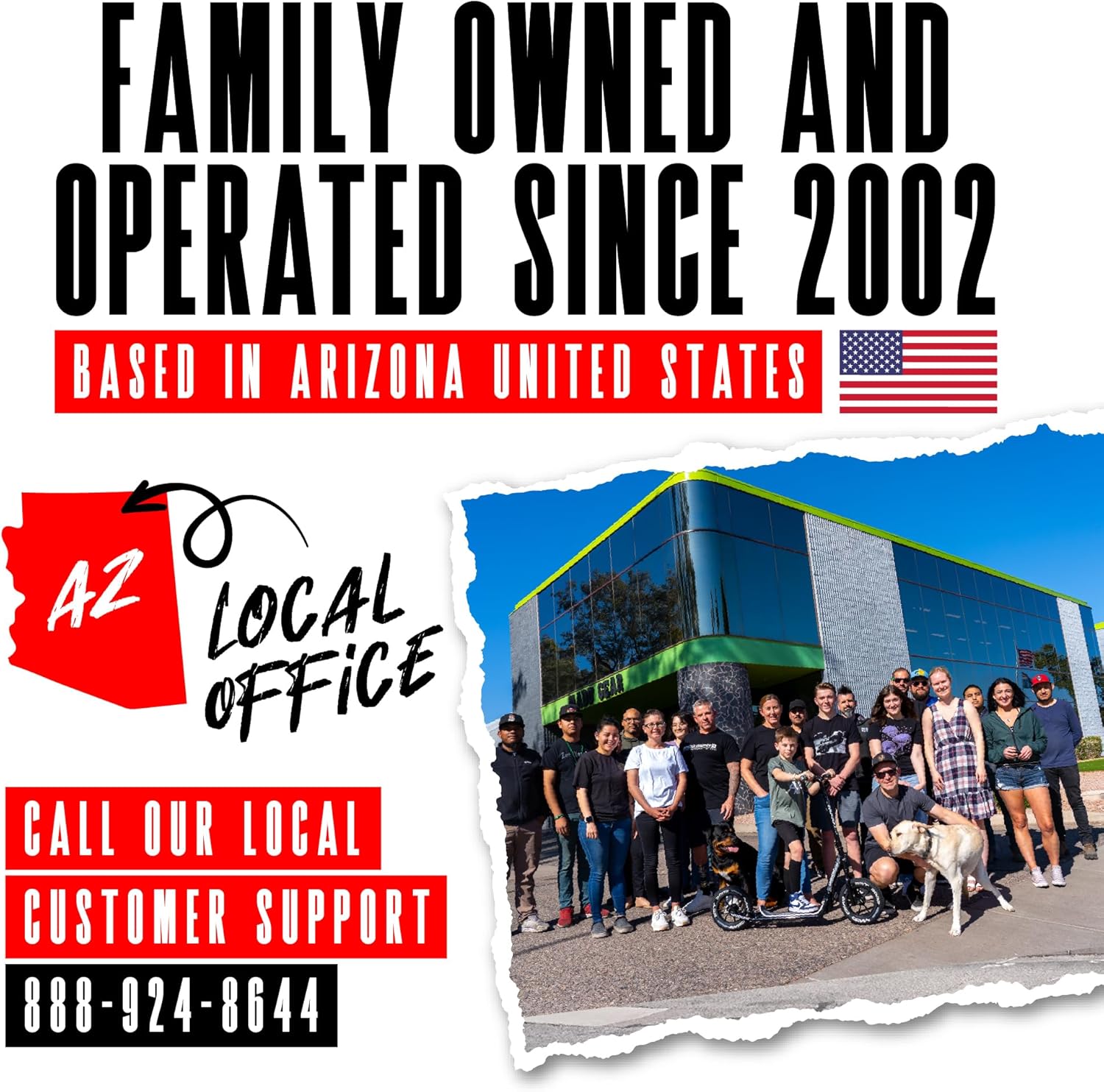 Image showing Madd Gear's local office in Arizona, emphasizing family ownership and customer support contact number.