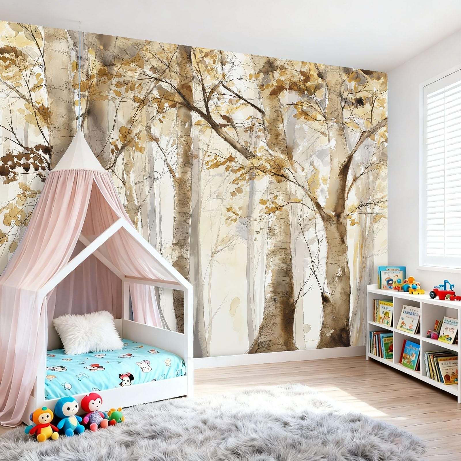 Carta da Parati Non Tessuta 300 x 210 cm（WxH, Bosco Di Betulle Acquerello Stampa Carta da Parati per Decorazione Murale - Beige Mural per Pareti Della Camera da Letto Soggiorno