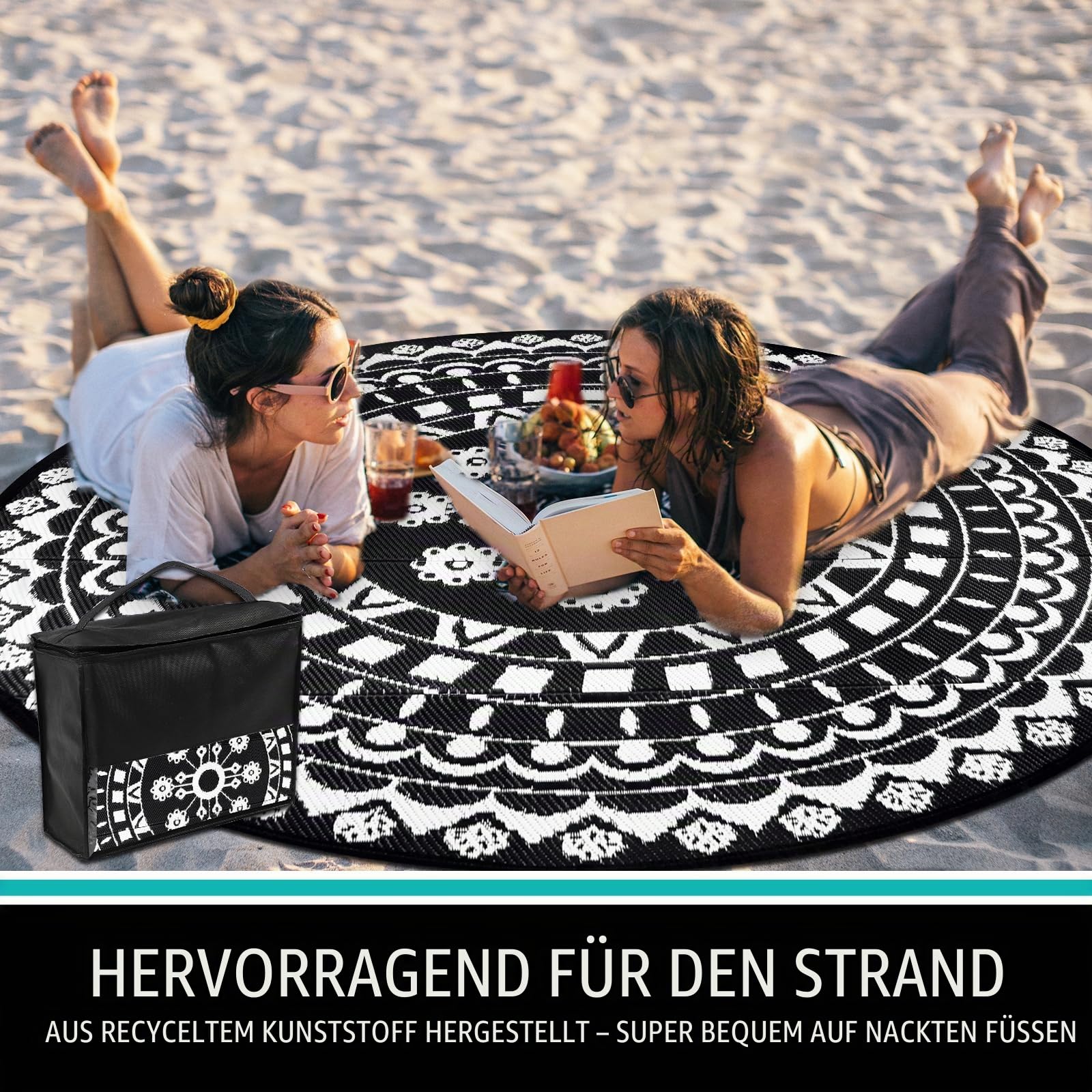 Capslpad Boho-Outdoor-Teppich, rund, 240 cm, wasserdicht, für den Außenbereich, wendbar, Picknick-Matte, tragbar, UV-beständig, Kunststoff-Strohteppich, für drinnen und draußen, runder Teppich für