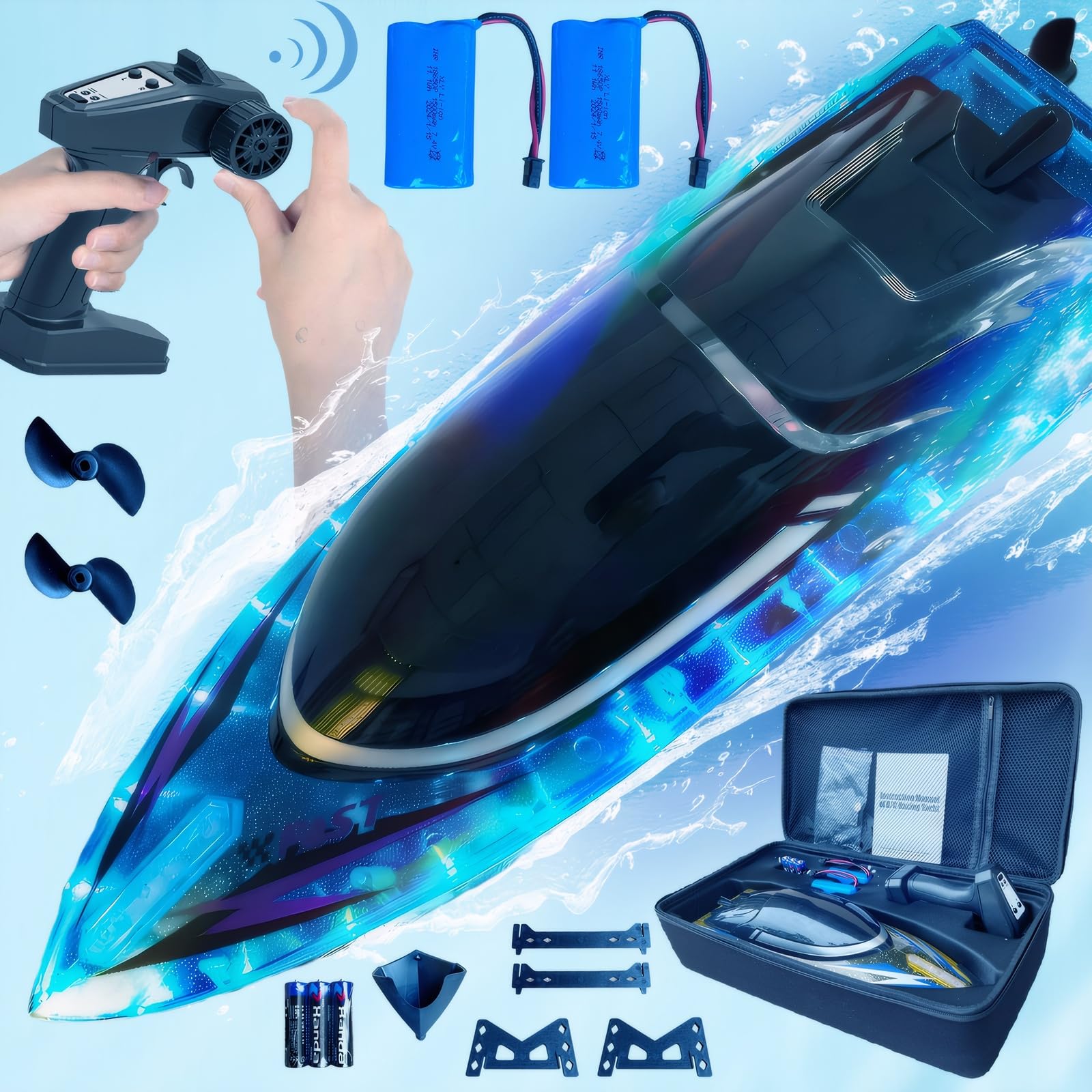 RC Boat with 2 Rechargeable Battery, 20+ MPH Fast Remote Control Boat for Pools and Lakes, 2.4G RC Boats Pool Toys for Adults and Kid (913-Blue)