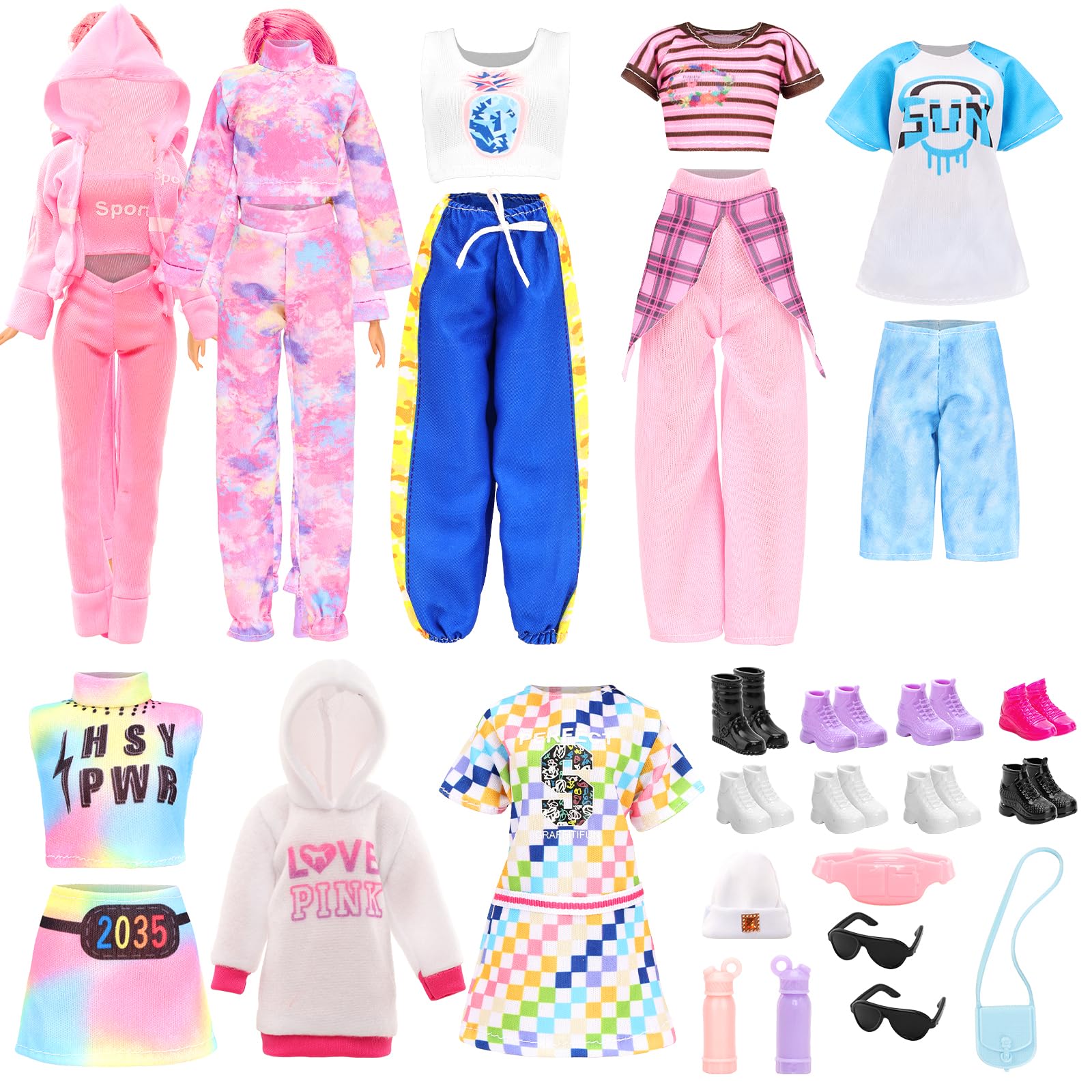 Miunana 23Pcs Fashion Puppenkleidung, 8 Set Chic Kleiung Outfits Kleider Hoodie Sportkleidung mit 8 Paar Schuhe 7 Zubehör für 11.5 Zoll Puppen Geschenke für Mädchen