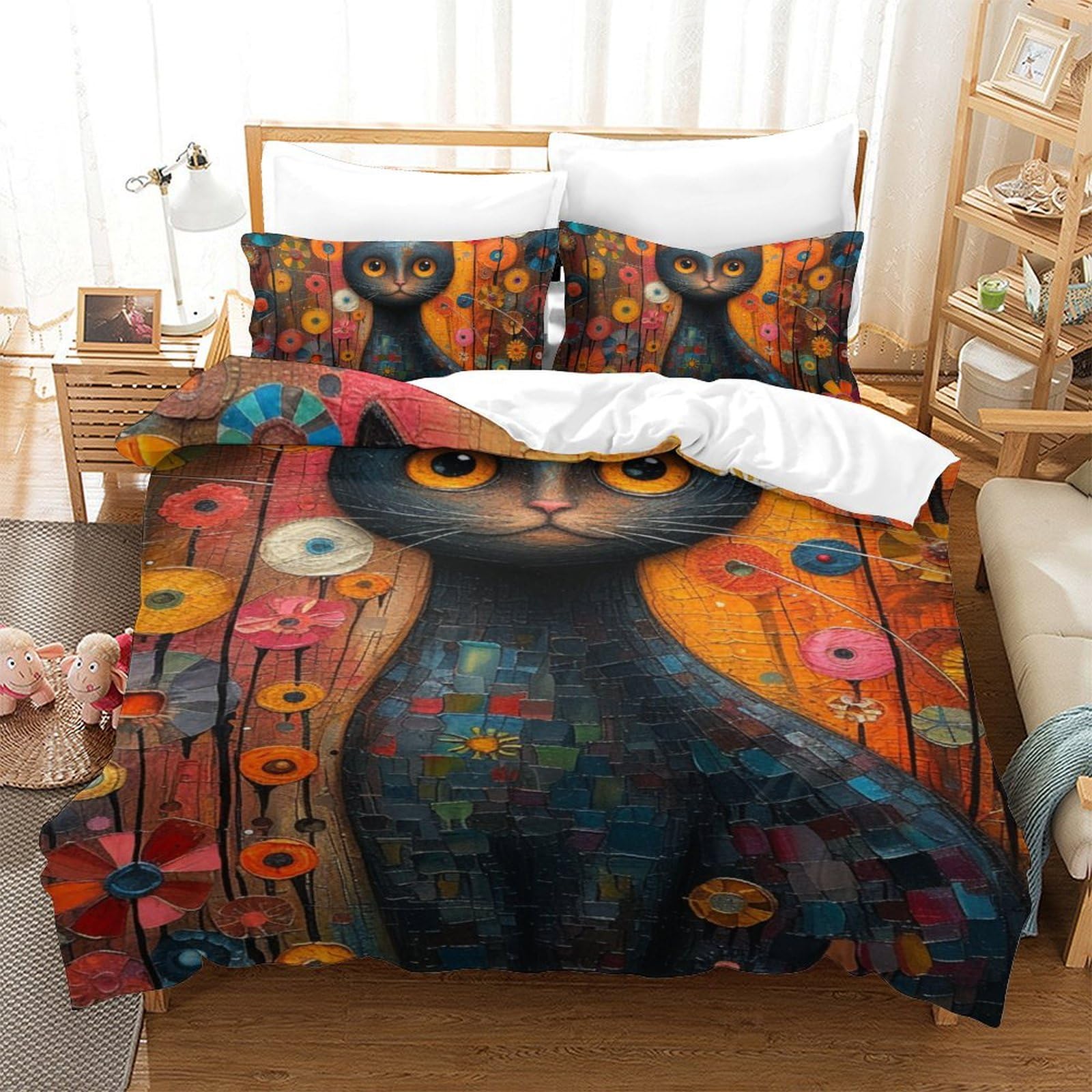 Housse de couette chat pour chambre d'enfant ado parure de lit 3 pièces zippée 140x200