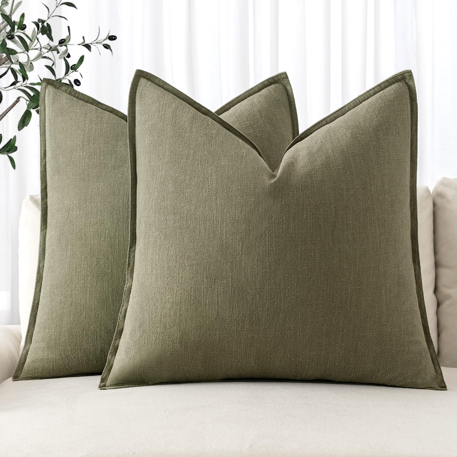 MIULEE Linen Pillow Covers Pack of 2 Decorative Cushion Throw Pillow Covers Soft Accent Farmhouse Couch Pillowcases Modern Home Decors for Sofa Living Room Bed 20x20 Inch Light Olive Green