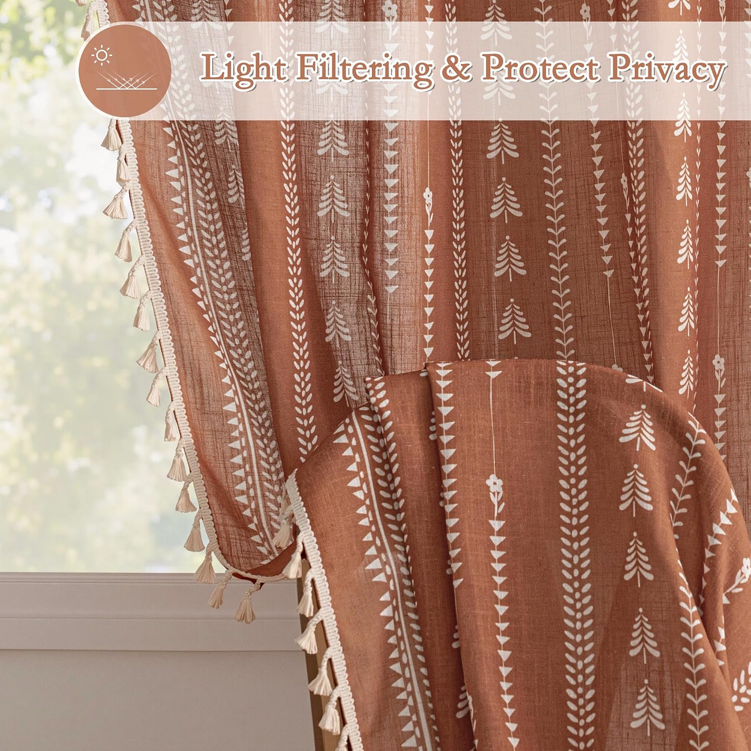 MEETSKY Boho Curtains for Living Room, Terracotta Curtains 84 Inch Long Linen Blended Semi Sheer Curtains with Tassels Back Tab, Light Filtering Patterned Drapes 50" W x 84" L Each Panel, 2 Panels