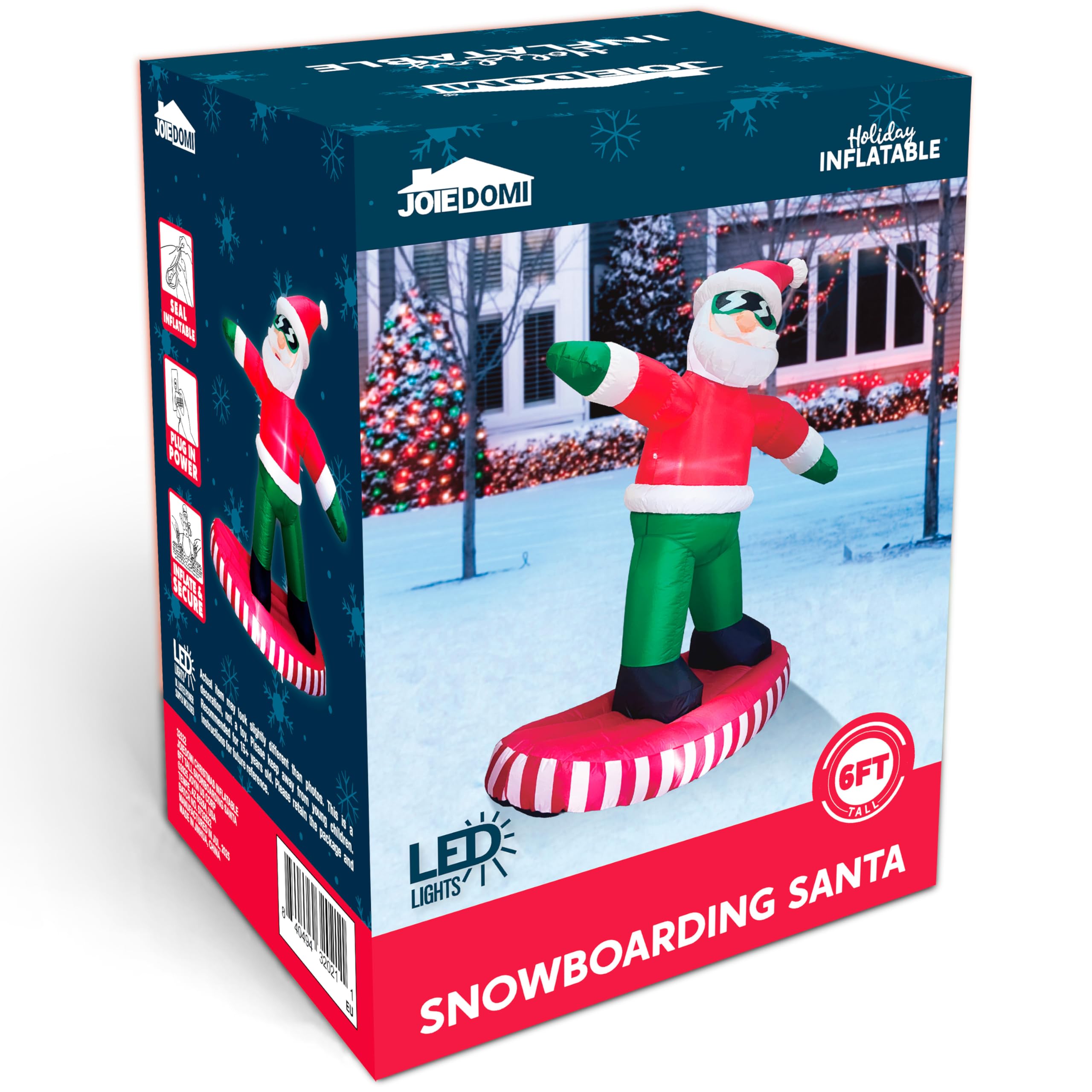 Joiedomi 1,80 m hohe aufblasbare Weihnachtsdekoration für den Außenbereich, aufblasbarer snowboardender Weihnachtsmann, aufblasbare Gartendekoration mit integrierter LED-Beleuchtung