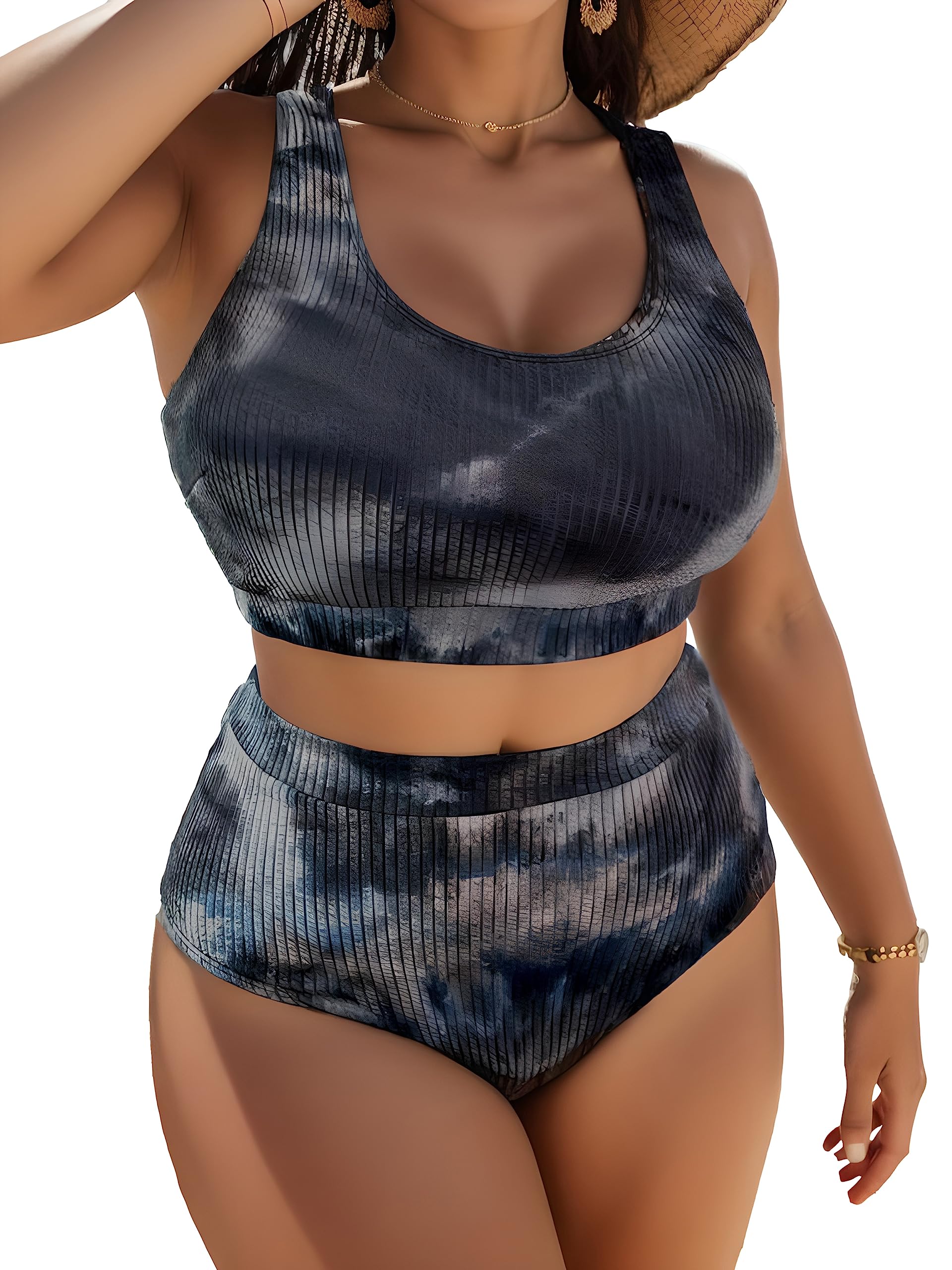 JuicyRosePlus Size 2 Piece Swimsuits for Women High Waist Tie Dye Bathing Suit Ribbed Bikini Set