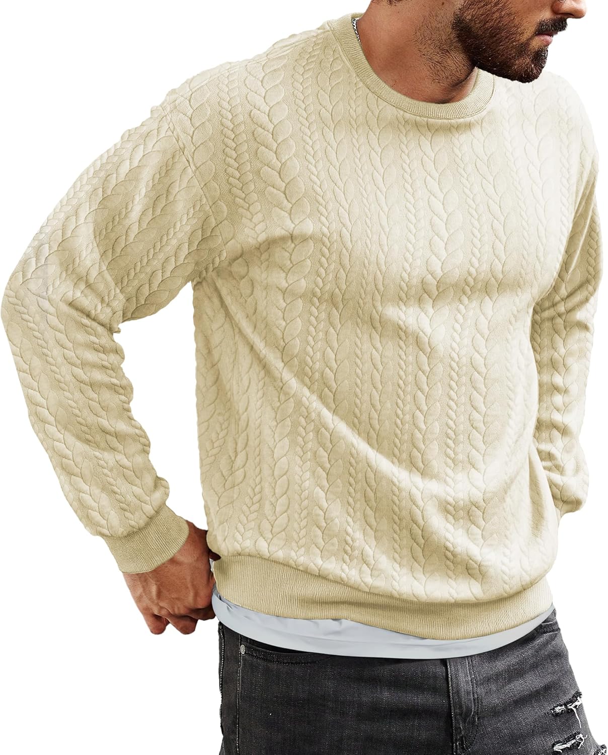 JMIERR Men's Crewneck Sweatshirt Textured Long Sleeve Casual Lightweight Pullover Shirt - Image 2