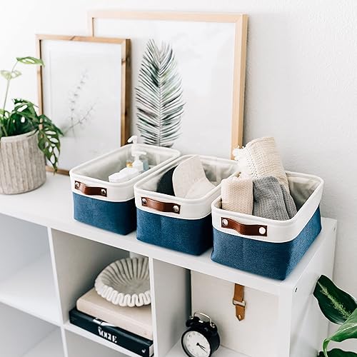 Vista 22 de OrganiHaus - Canastas de almacenamiento estrechas, 15 x 06 pulgadas, pequeñas, para estantes, armarios, baños, organizador de tela con asas, Beige