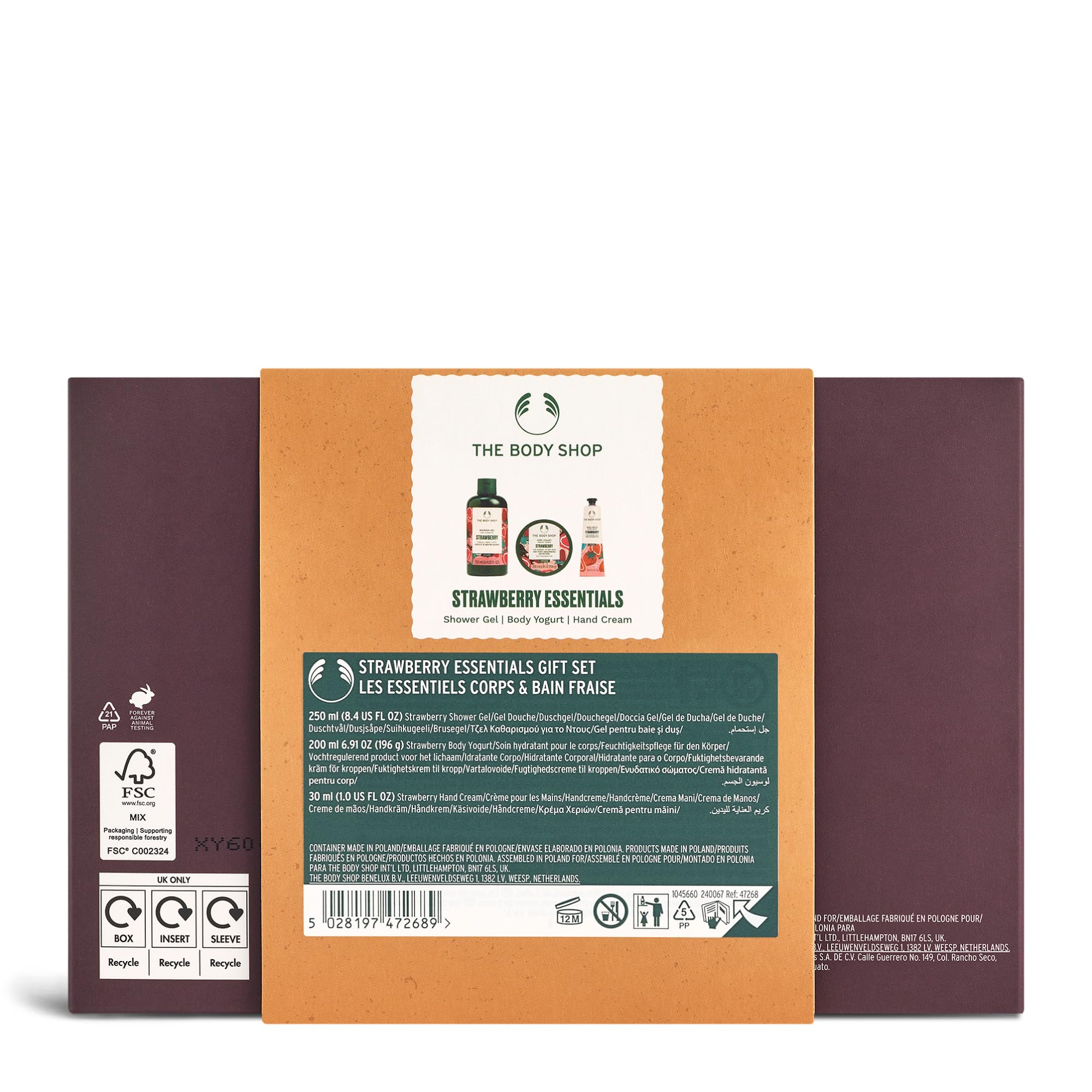 The Body Shop Strawberry Essentials Geschenkset (Duschgel 250 ml + Body Yogurt 200 ml + Handcreme 30 ml), fruchtiges, festliches Trio mit saftigem Erdbeerextrakt, erfrischende & feuchtigkeitsspendende