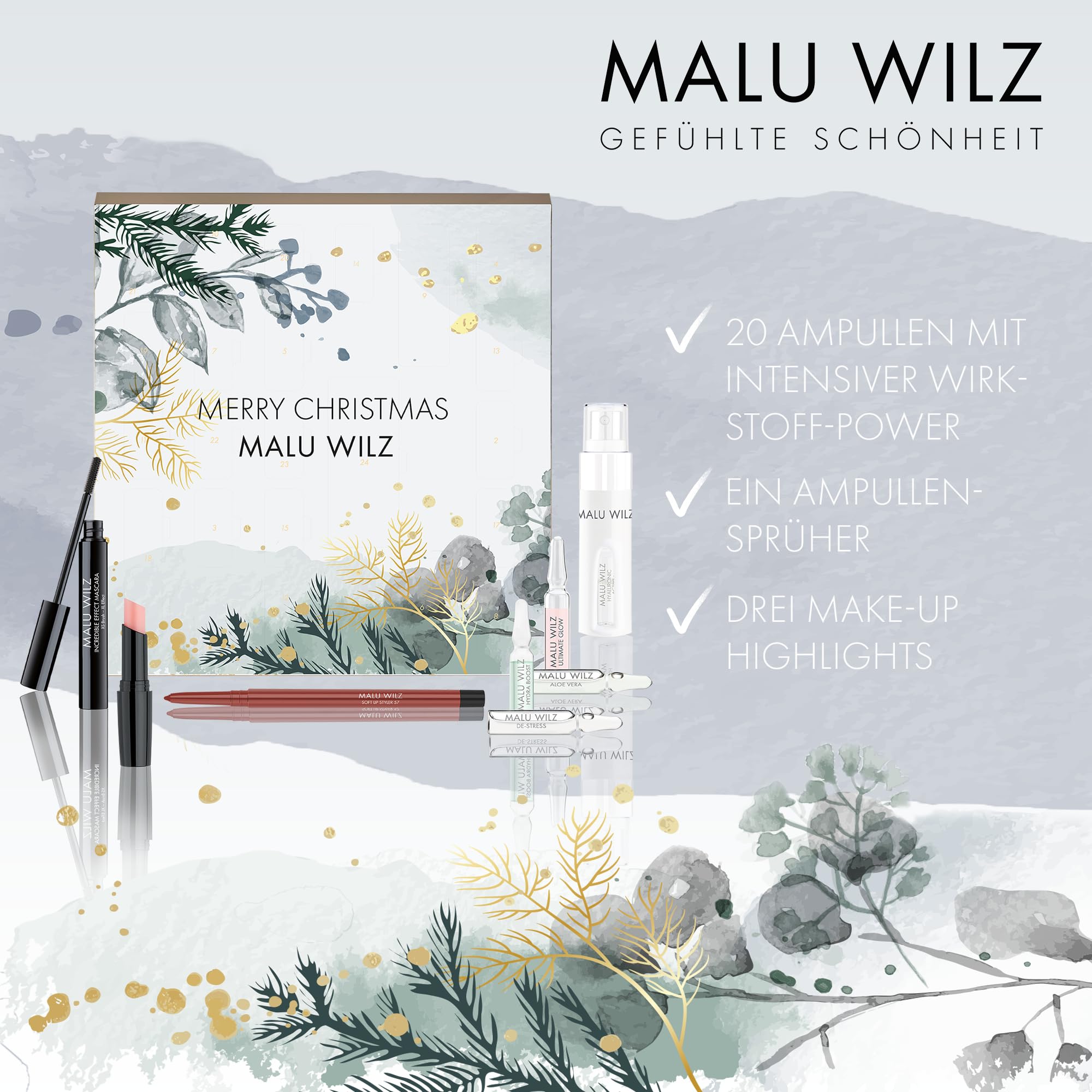 Malu Wilz Adventskalender, Beauty Adventskalender mit diversen Pflege- und Kosmetik-Produkten, 21 Ampullen + Mascara & Creme (Modell 2025)