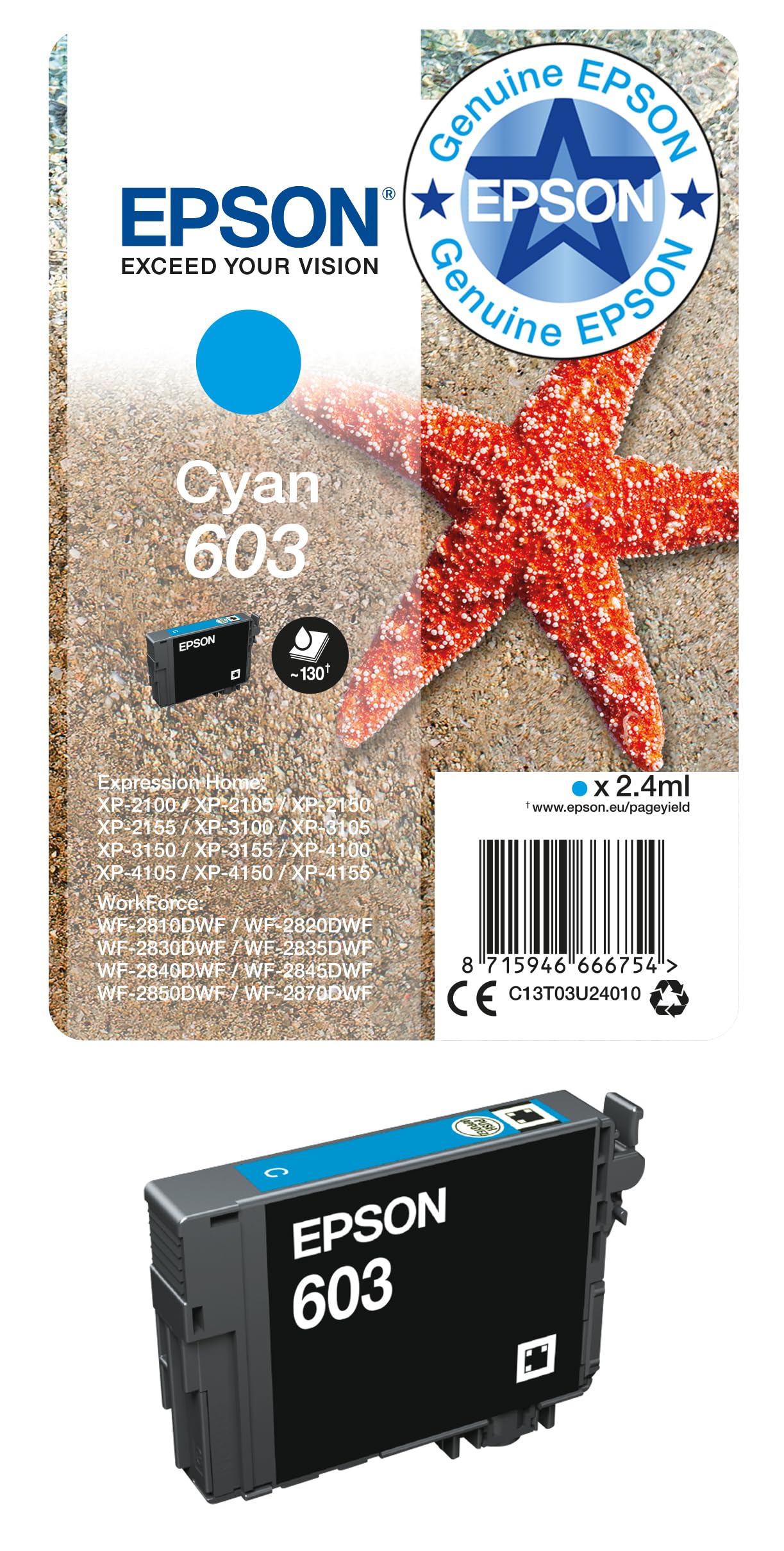Genuine Epson Ink - 603 CYAN / XP-2100 2105 2150 2155 3100 (INC VAT) BOXED 2025