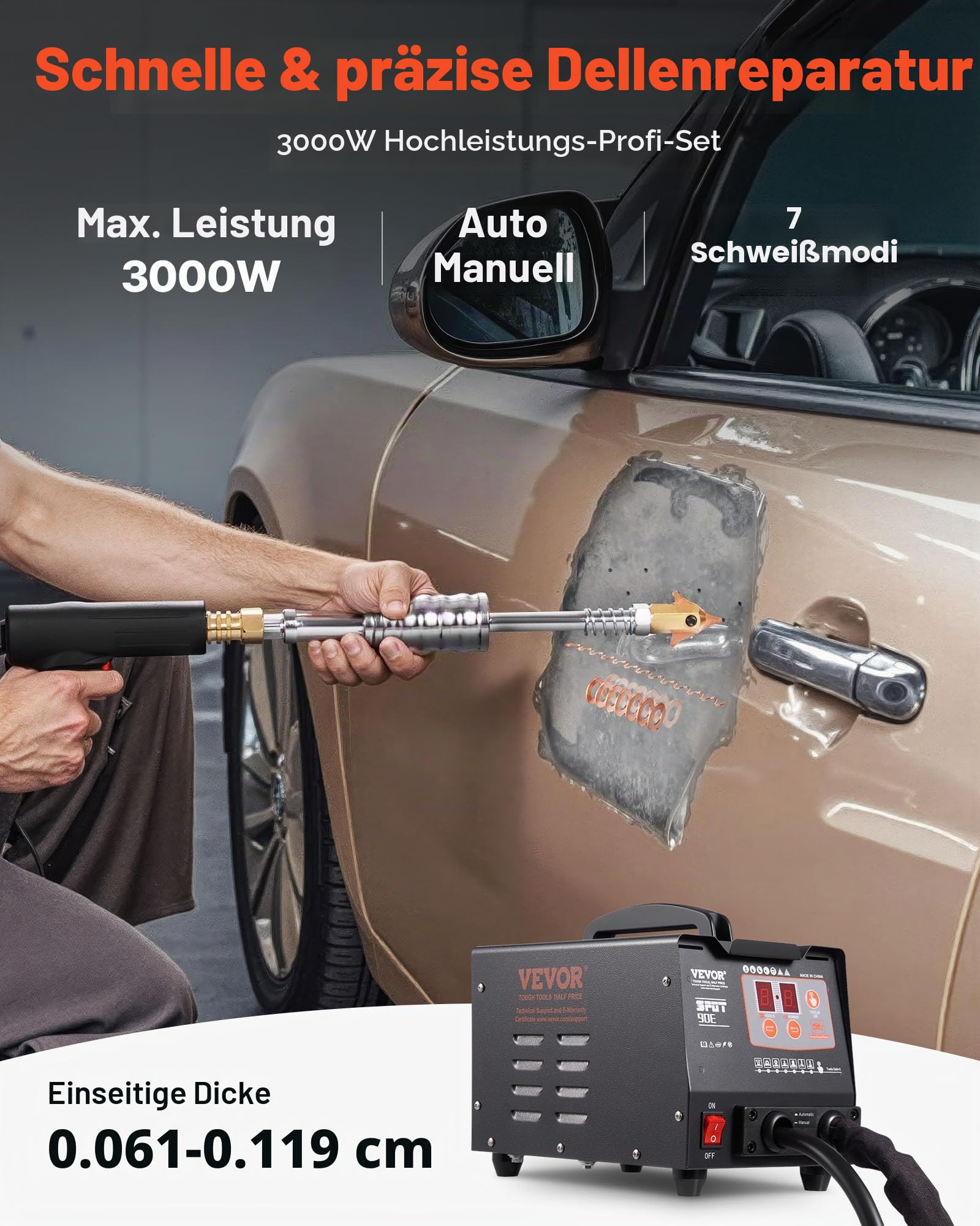 VEVOR 3 KW Karosserie Ausbeulspotter 7 Modi Automatisches Induktionsschweißen 220V Ausbeulspotter Werkzeug 3500A Dent Puller Punktschweißgerät