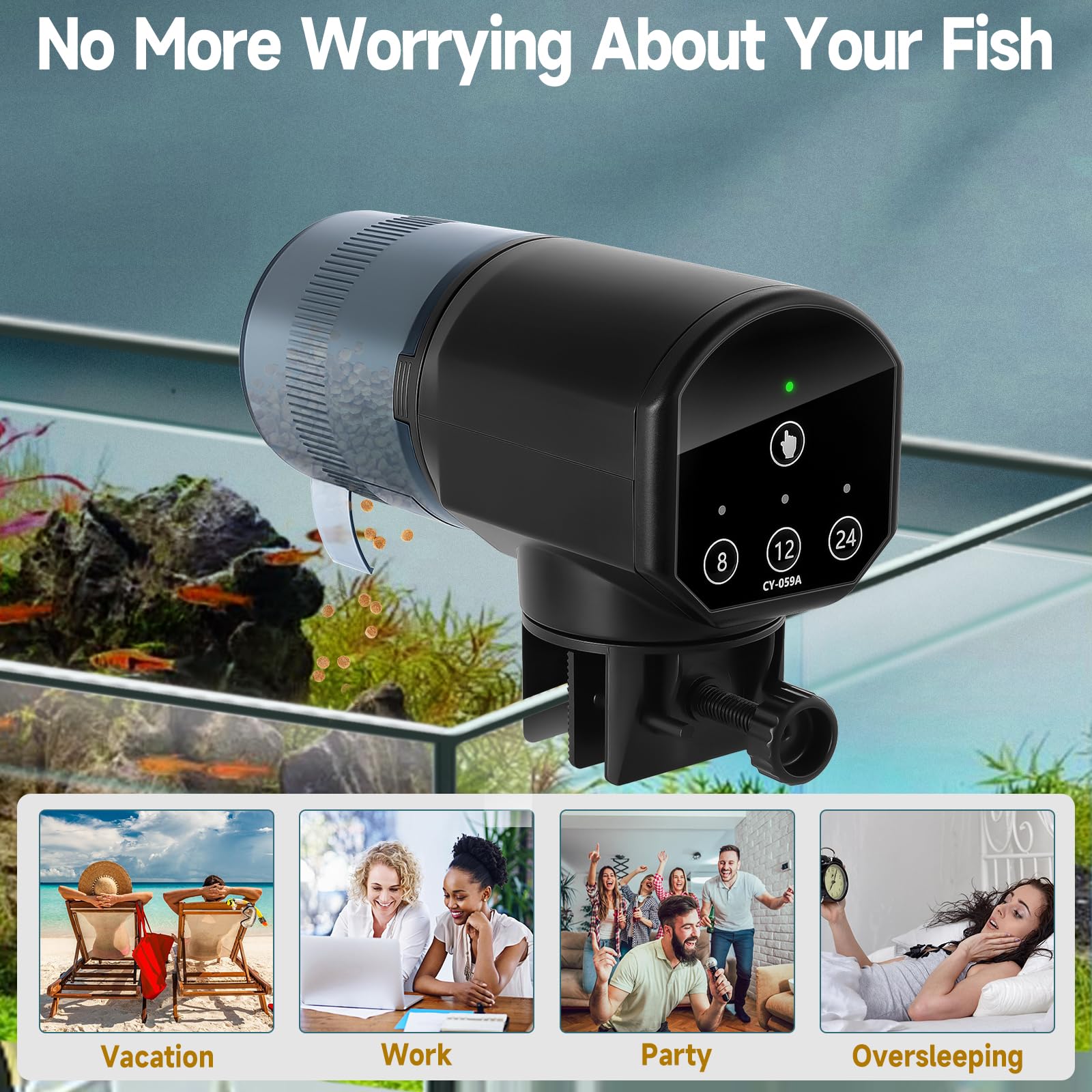 URAQT Automatico Distributore Cibo Pesci a Batteria, Mangiatoia Automatica Acquario, 200ML Mangiatoia Pesci, Con indicatore LED, con 2 batterie AAA e Anello per Alimentatore Pescis, Nero