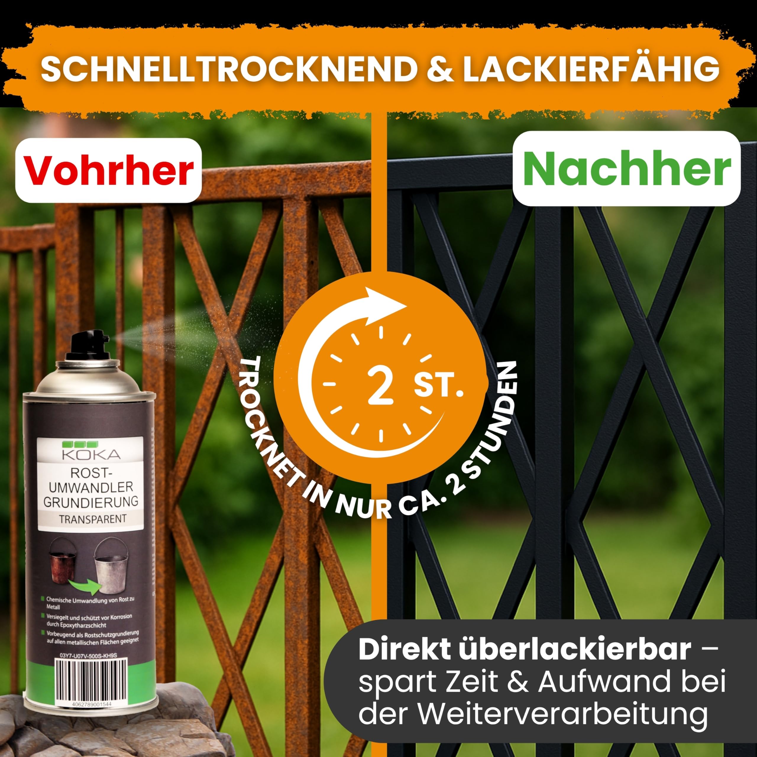 KOKA Rostumwandler Spray mit Grundierung 400ml 6er Set (6 x 400 ml) - Rostschutz Hitzebeständig für Auto & Metall | Roststopp für Karosserie, Auspuff, Unterboden | Lackierfähig & schnelltrocknend