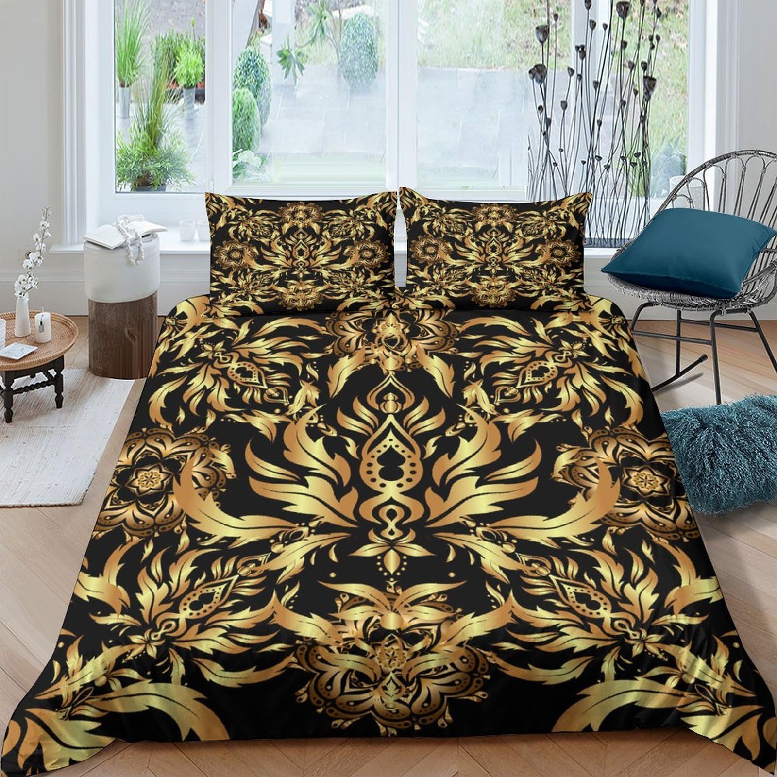 Ctjqhvkz Style-3 3D Printed Baroque Gold Fitted Sheet Microfiber Black Ornate Mattress Cover For Bedroom Guestroom Decor Dust Protection Single（135X200cm）