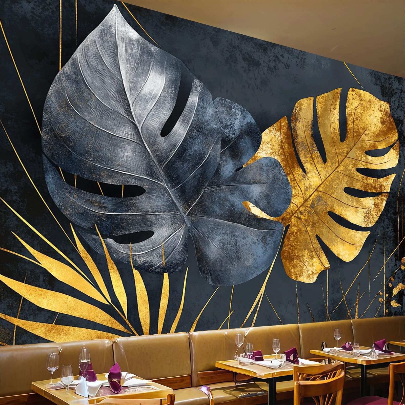 Papier peint panoramique feuilles tropicales intissé gris 250x175 cm pour salon et chambre moderne