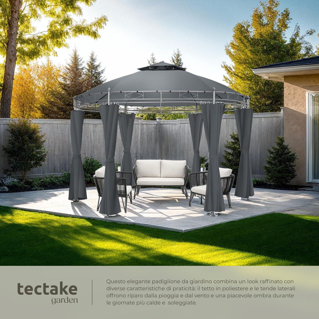 tectake® Gazebo da Giardino Deluxe, Gazebo Esterno Resistente con Teli Laterali, Gazebo da Esterno Regolabile, Gazebo Impermeabile, Resistente ai Raggi UV, Design Elegante - Antracite