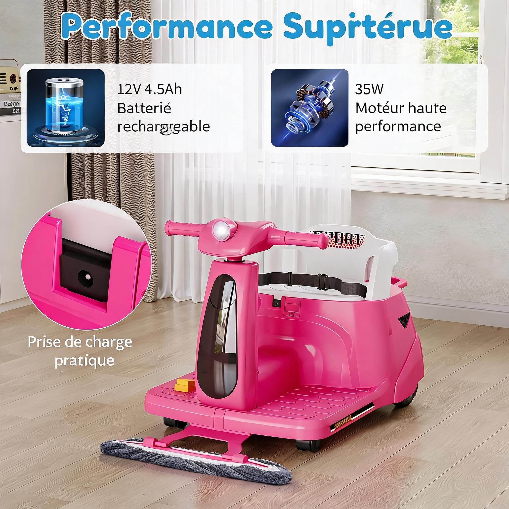 Garvee Kinder Elektroauto 2, in, 1 mit Wischmopp, 12V, Eltern, LED, Lichter | Batterieauto Spielzeugfahrzeug, Fernbedienung, kabellose Verbindung/USB, für Kinder 3, 8 Jahre, Farbe: Rosa