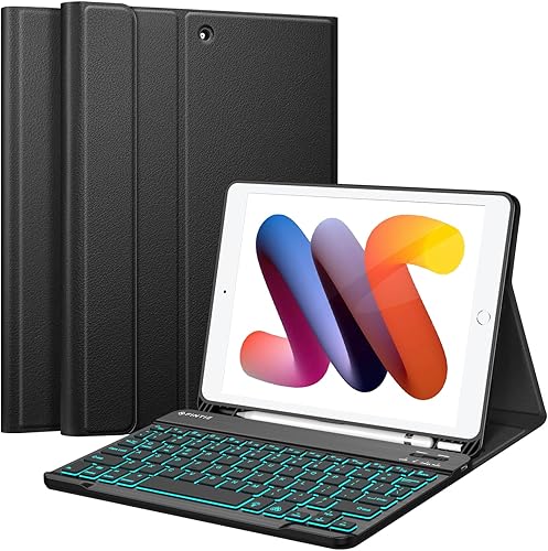 FINTIE - Funda con teclado para iPad de 9ª/8ª/7ª generación (2021/2020/2019) de 10.2 pulgadas, funda trasera de TPU suave con soporte y portalápiz,
