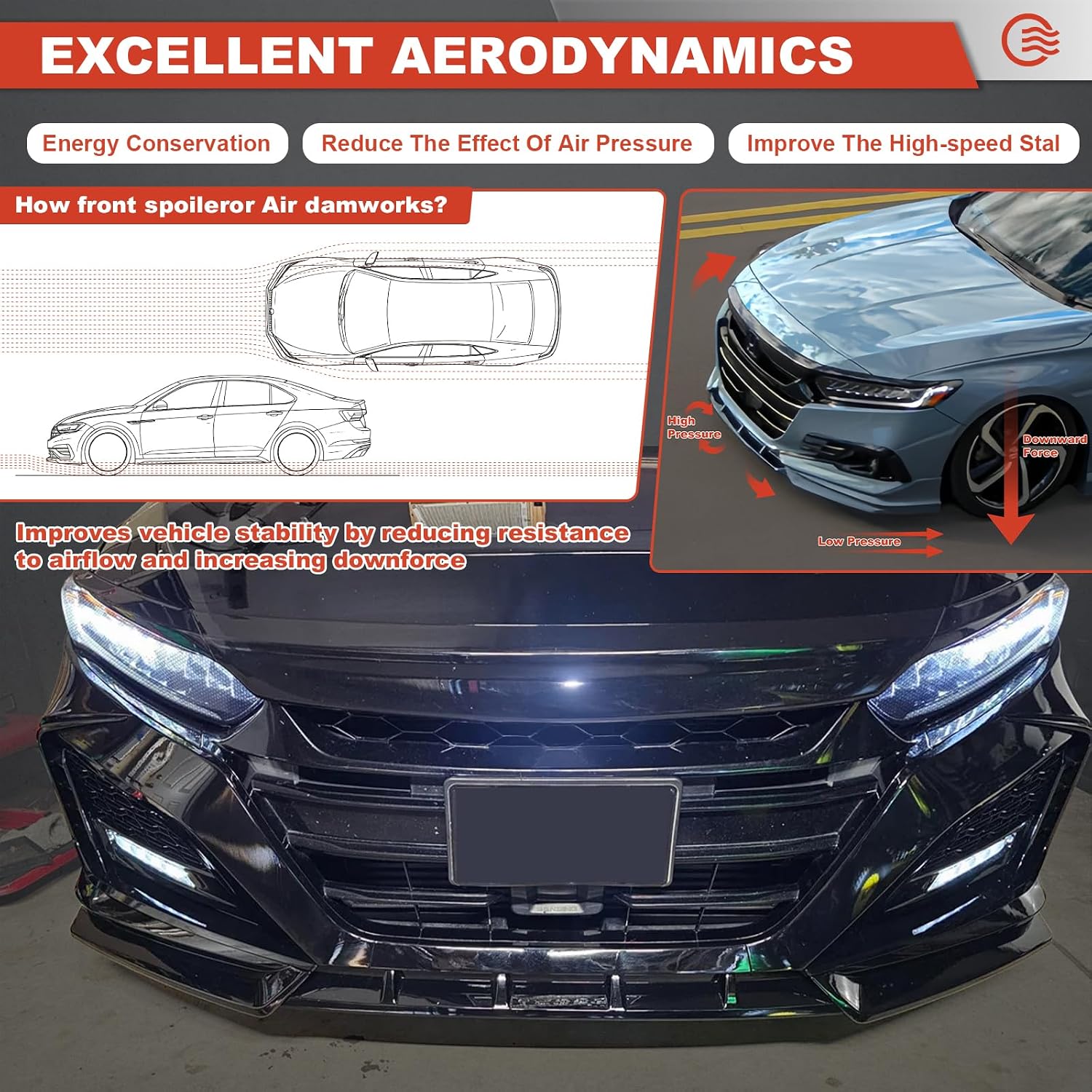 Front Bumper Lip Splitter for 2021–2022 Honda Accord 10.5th Gen Sedan, JDM Style Air Dam Chin Spoiler, 3PCS Gloss Black Front Lip Body Kit, Sport Performance