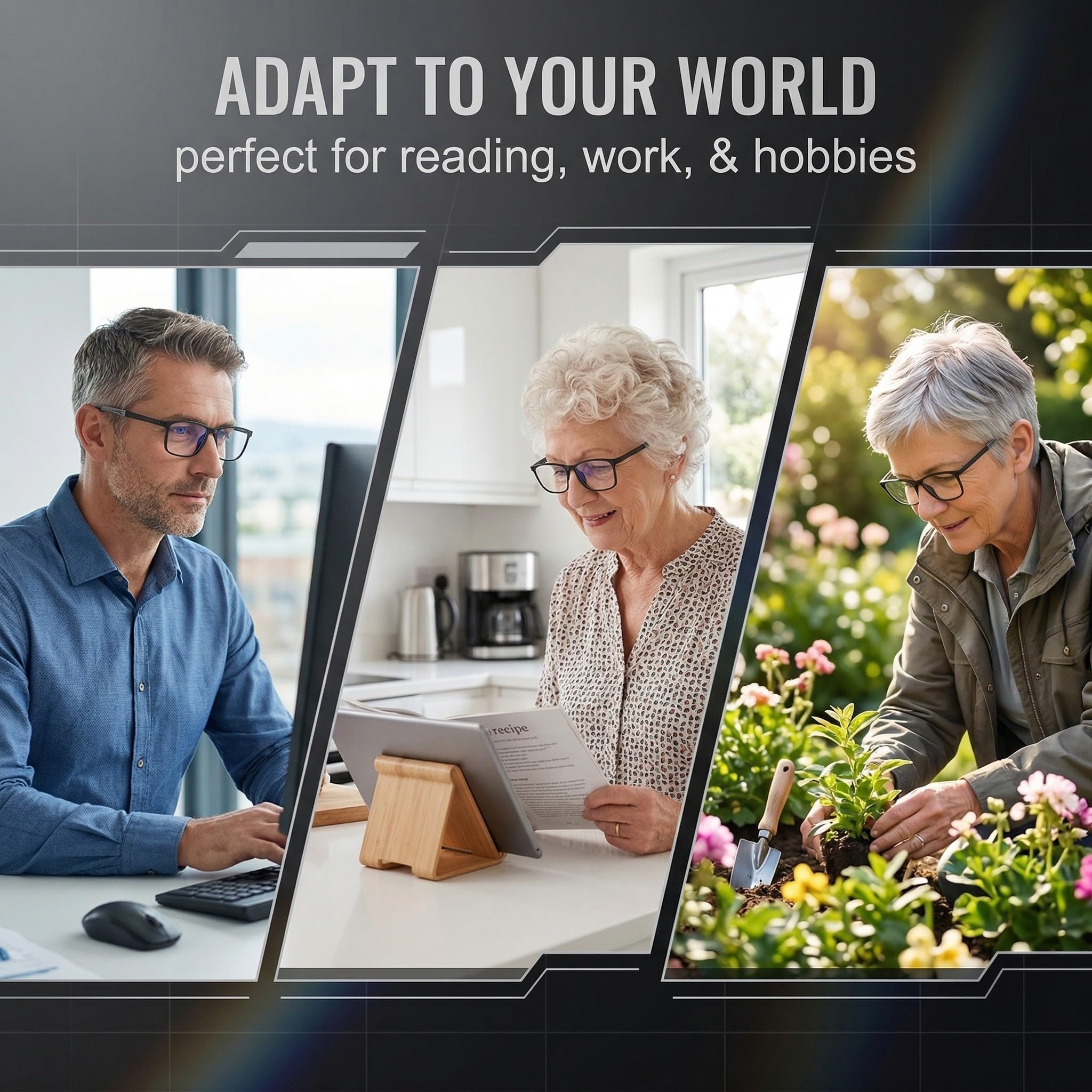 GWEOR 3 Pares Gafas con Enfoque Automático y Ajuste Automático para Diferentes Necesidades Visuales, Incluidas 3 Fundas Negras y 3 Paños para Gafas — view 3