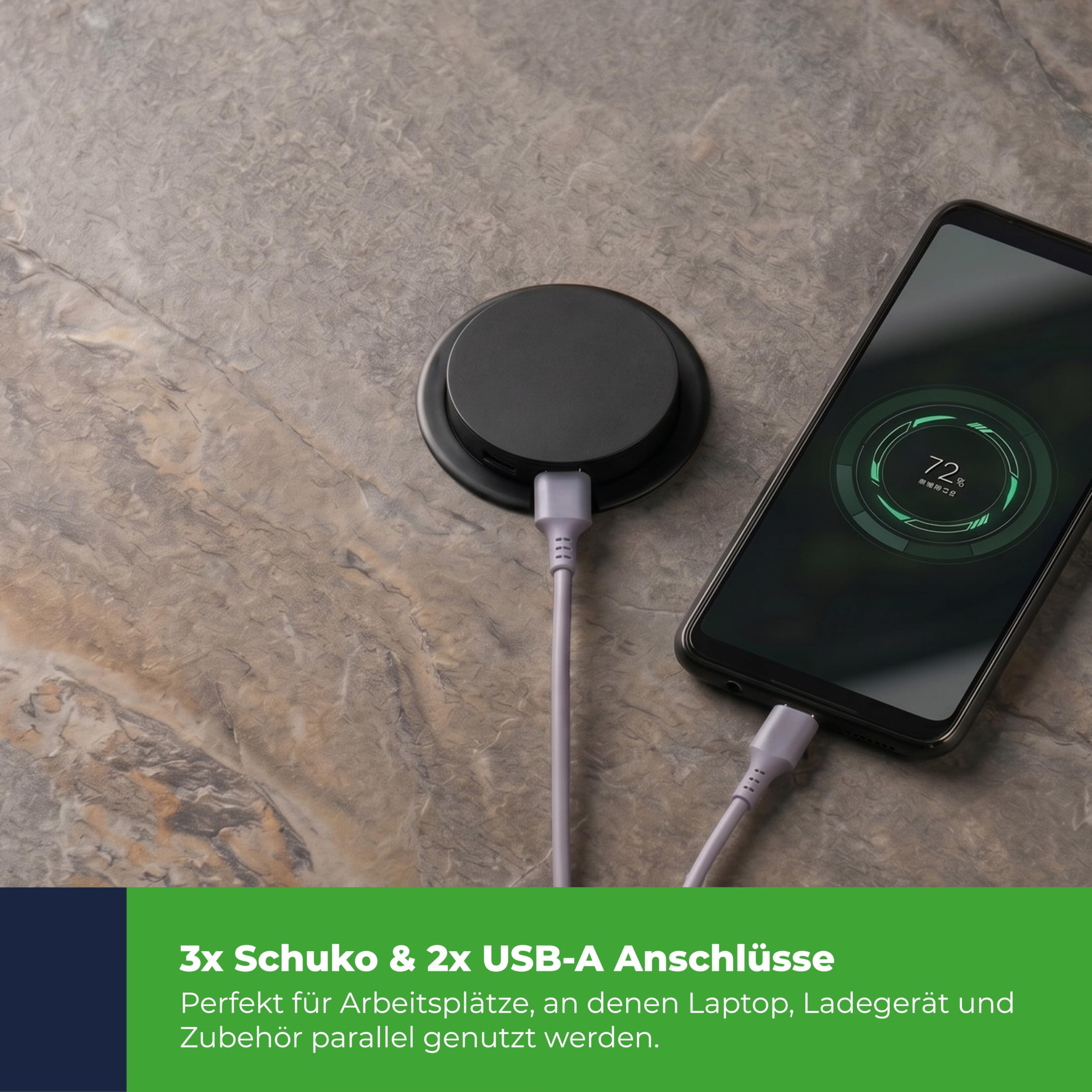 HAND HOME GMZ/S-5 - Enchufe empotrable con 3 enchufes Schuko y 2 USB A - 230 V, 16 A, IP20, enchufe para muebles para escritorio y encimera, color negro