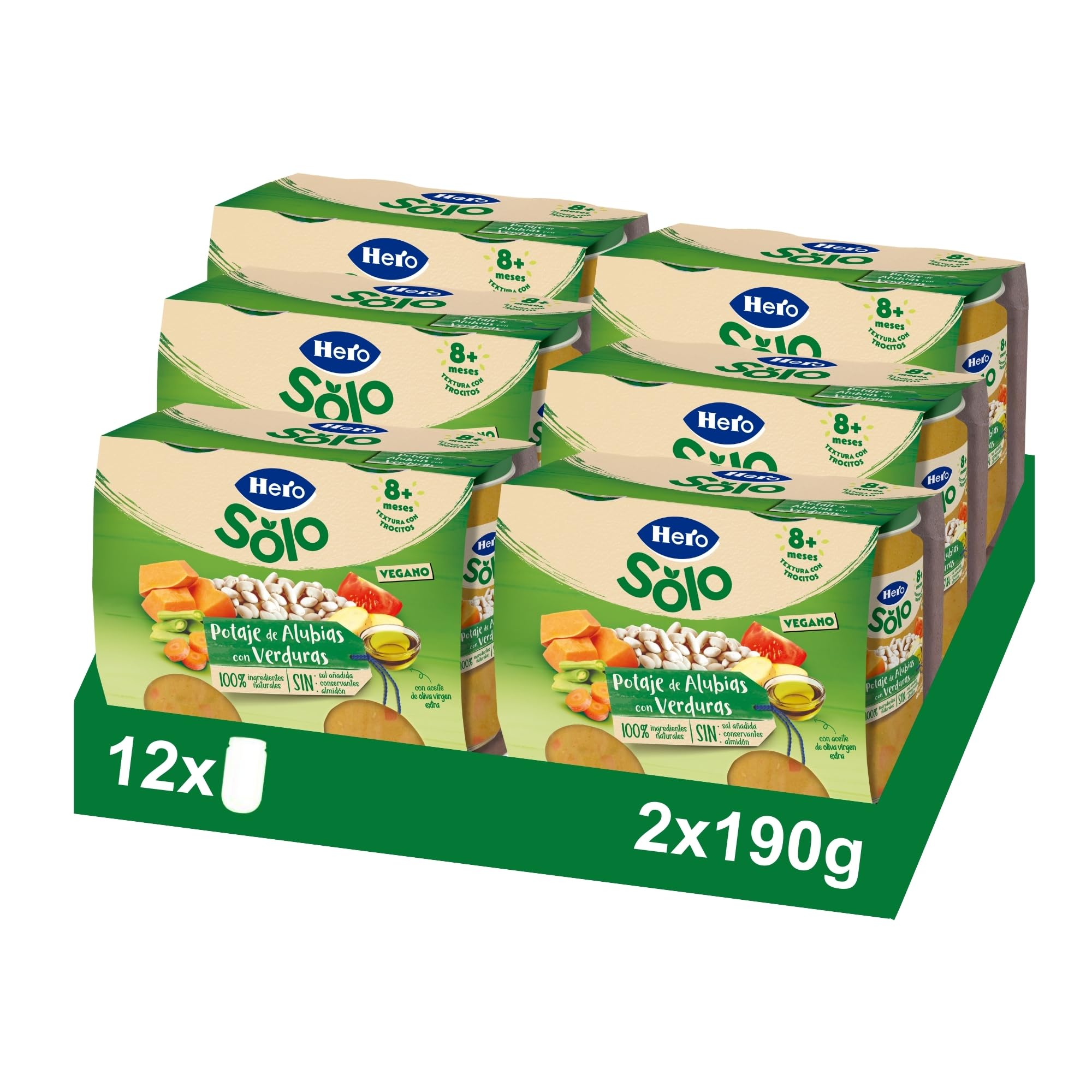 Hero Baby Recetas Caseras Tarritos de Potaje de Alubias y Verduras Sin Sal Añadida, 6 Packs de 2x190g
