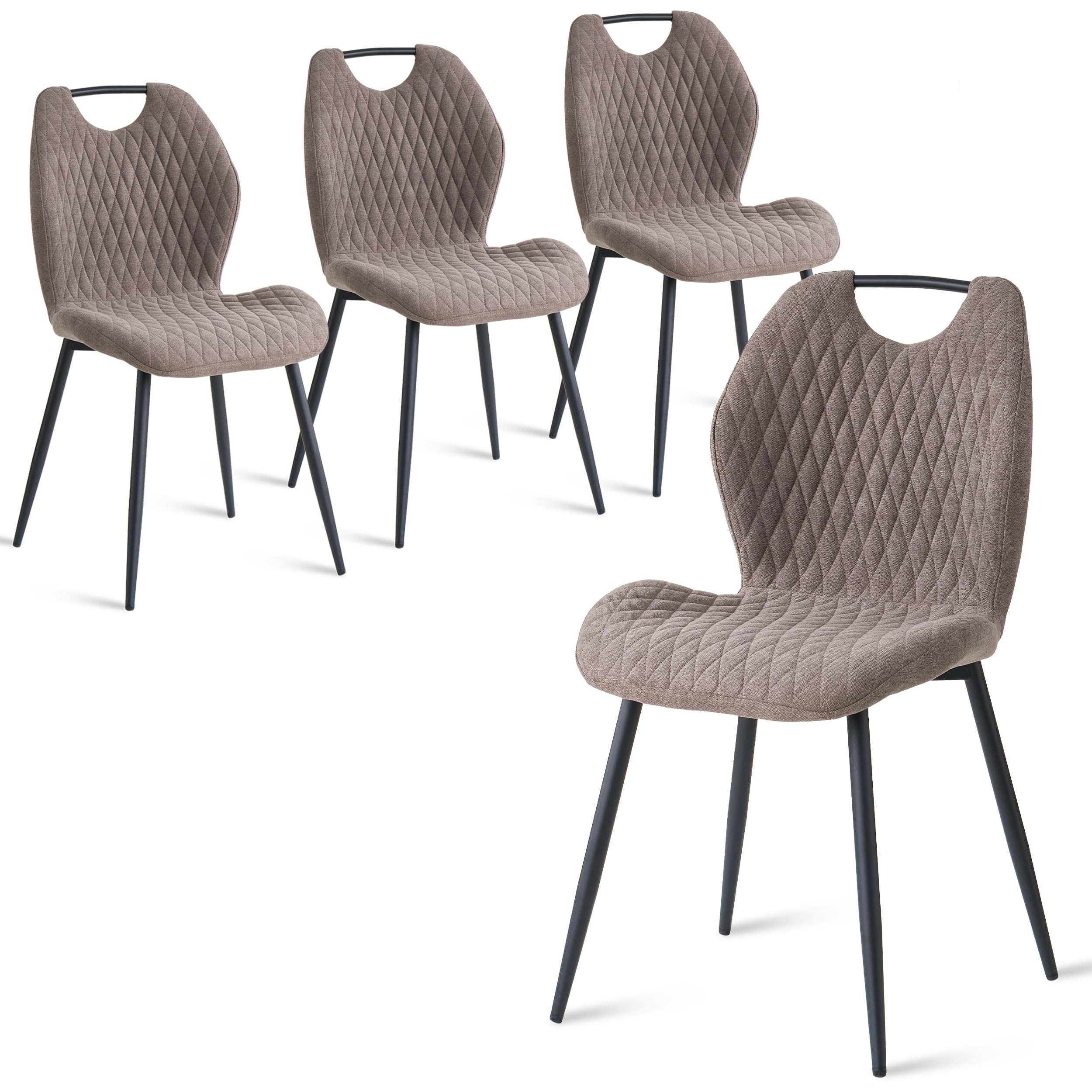 Set di 4 Sedie da Cucina Moderne Imbottite con Gambe in Metallo Nero,Sedie da Pranzo in Lino, Design a Quadri, per Sala da Pranzo e Cucina, Soggiorno, Marrone