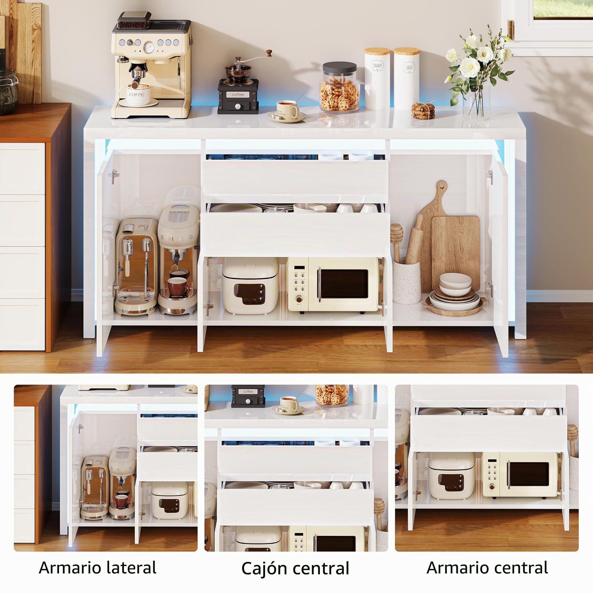 Aparador Blanco Brillante con LED, Mueble de Almacenamiento Moderno con 4 Puertas y 2 cajones, Mueble de TV Blanco Lacado para Sala de Estar, Cocina o Entrada