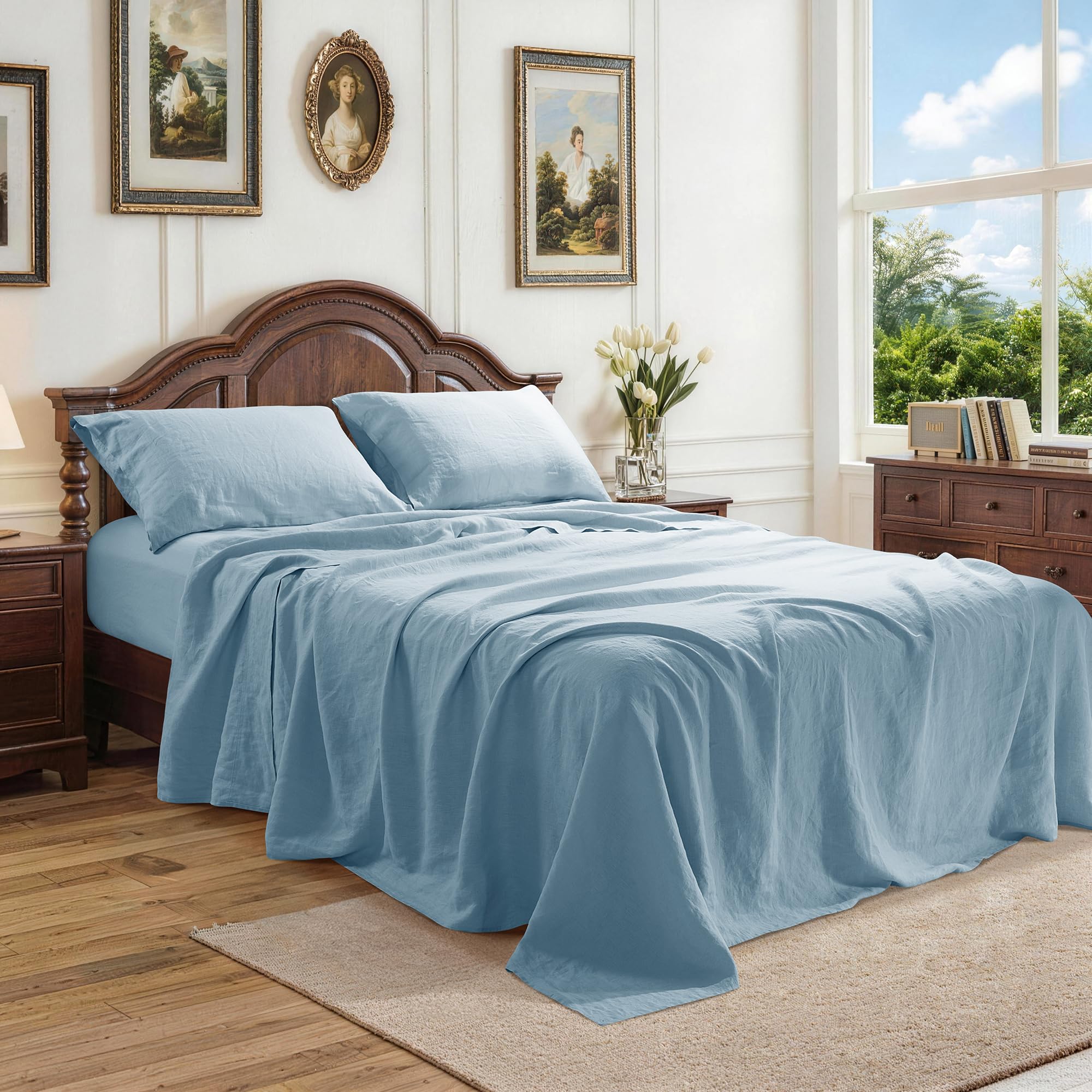 100% French Linen Sheet Set 4Pcs Deep Pocket 16", Full Size Dusty Blue