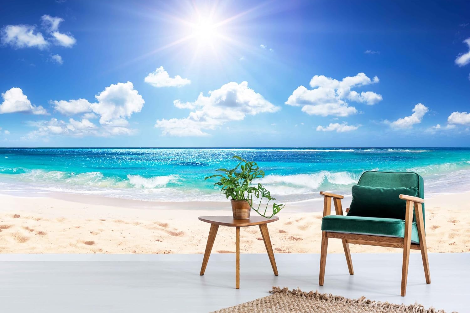 Myphotostation Tropical Peel and Stick Wallpaper Removable Self Adhesive Tropical Beach Wall Mural Sand Beach with Sun Over Ocean Wallpaper 204W x 114H Inches