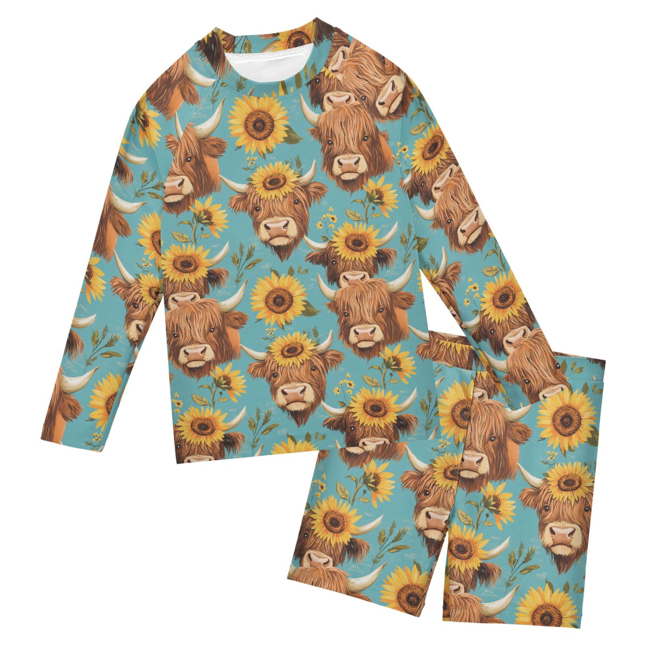 Highland Cow Sunflower Cute Baby Boys' Toddler Long Sleeved Rashguard Swim Bathing Suit Set B0403917