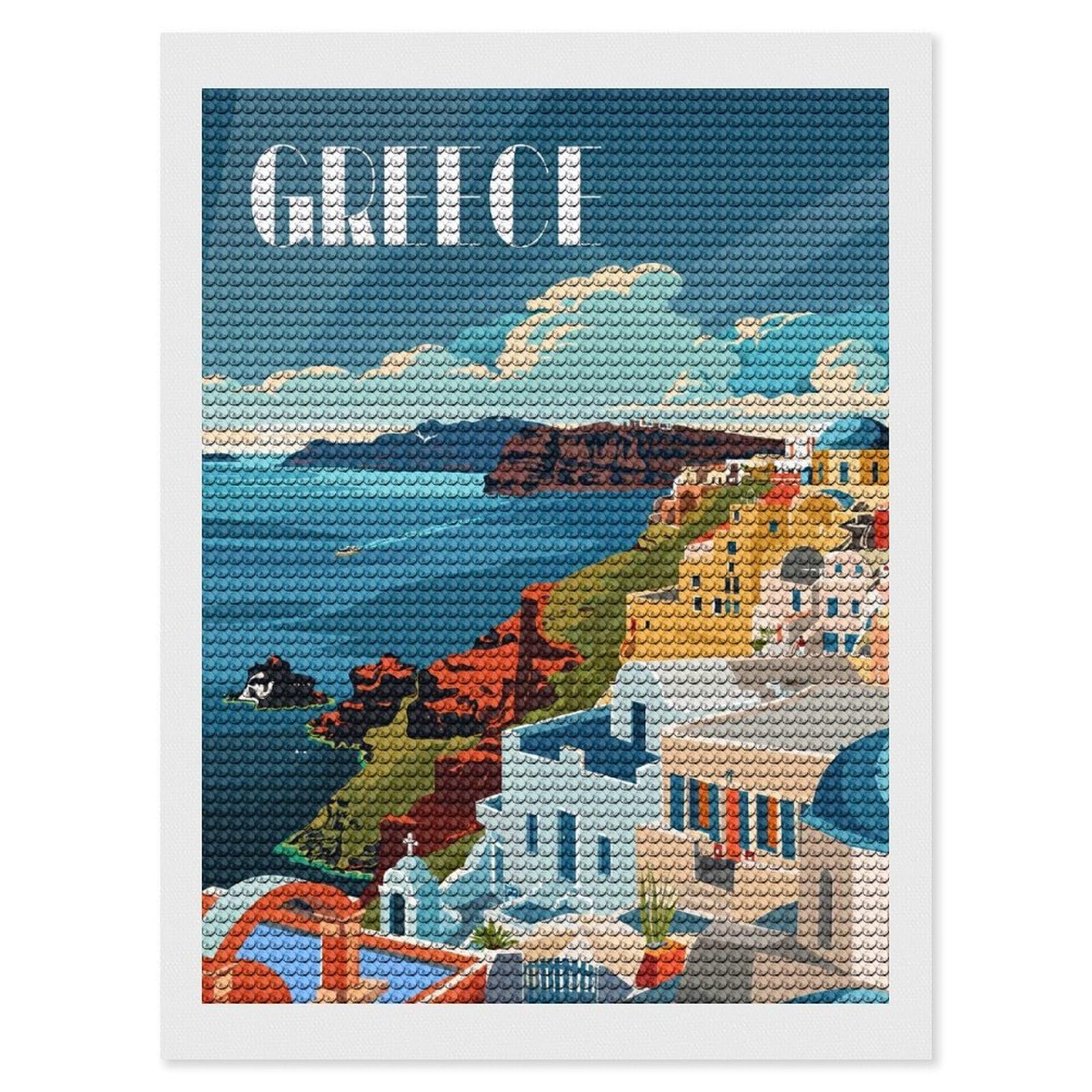 Junmoney Grecian Coastline Crystal Diamond Art Kit 12"x16", Round Gems, Detailed Printed Canvas, Creative Gift Idea, Vintage Style Decor