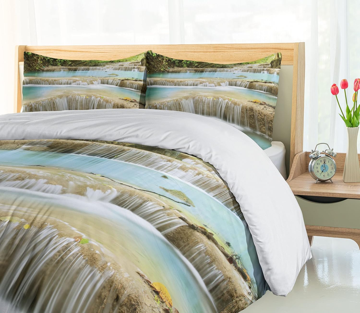 Ambesonne Waterfall Duvet Cover Set, Water Falls into The Lake Through The Rock Stairs in The Forest Artwork Print, Decorative 3 Piece Bedding Set with 2 Pillow Shams, Queen Size, Blue and Green