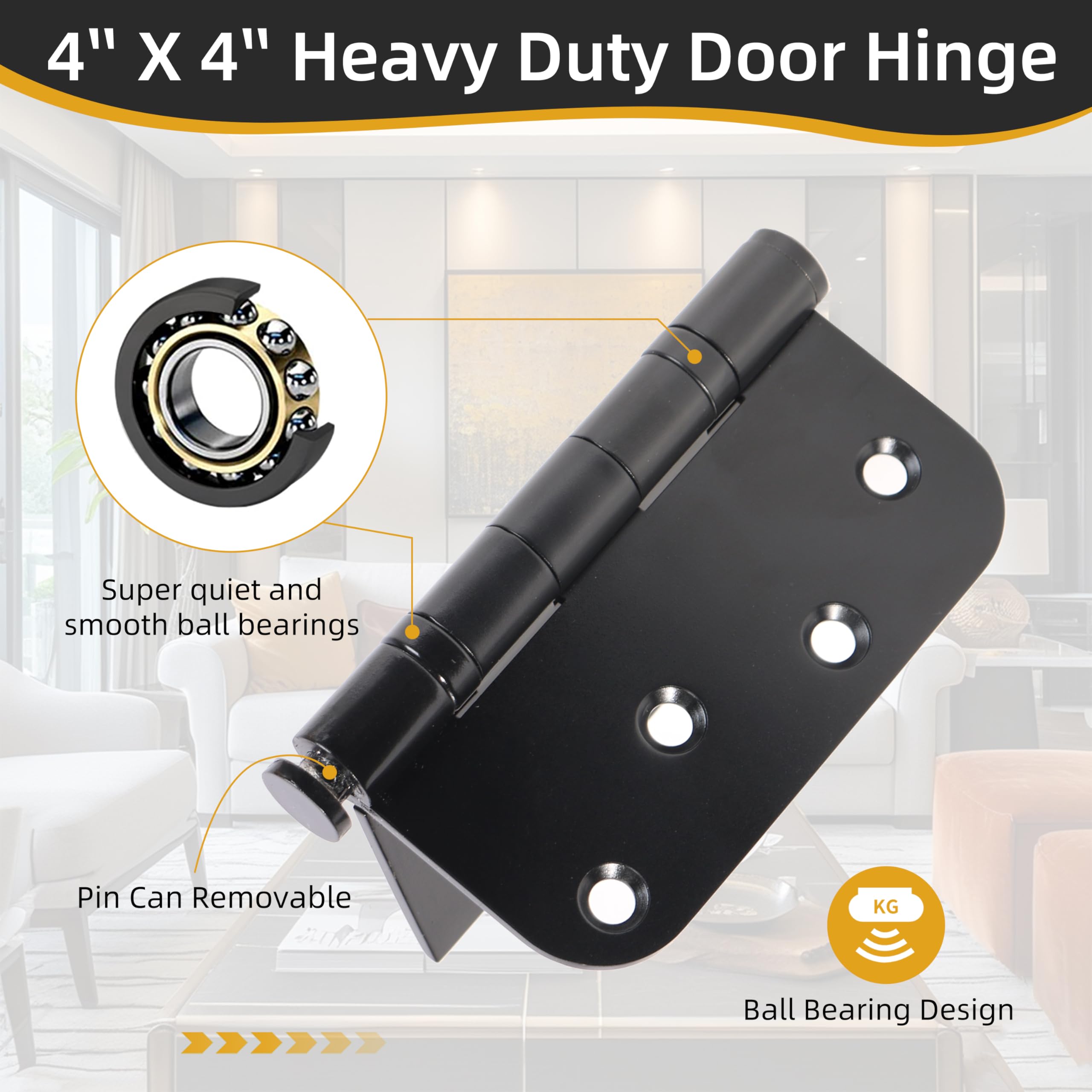 Paquete de 6 bisagras de puerta resistentes de 4 x 4 pulgadas, bisagra cuadrada de acero inoxidable extraíble con esquinas de radio de 5/8 pulgadas, accesorios de puerta exterior e interior para