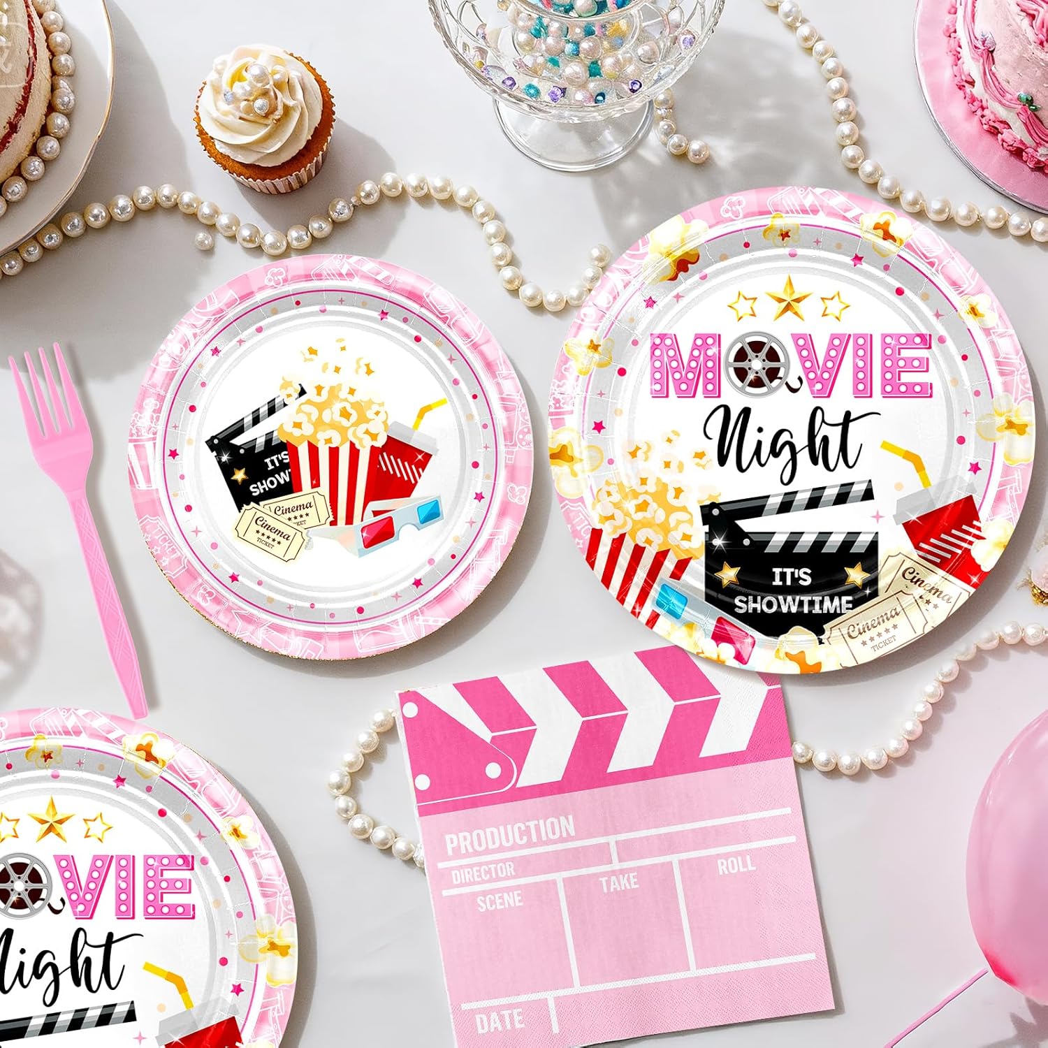 Pink Movie Night Party Decorations Kit: Movie Banner Cute Popcorn Film Plates Napkins Tablecloth Balloons All-in-1 Movie Night Party Supplies for Girl Birthday Serve 24