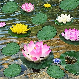 14 PCS KATOLK Lily Pad Pond, Artificial Lotus Flowers Floating Foam Flowers and Leaves, Realistic Water Lily Pads and Frog...