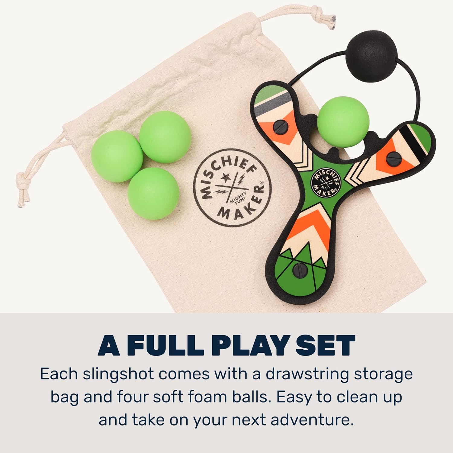 Mighty Fun! - Mischief Maker® Wooden Slingshot - Classic Series - Real Wood Slingshot for Kids, 4 Soft Foam Balls and Storage Bag - Ages 4+ (Green)