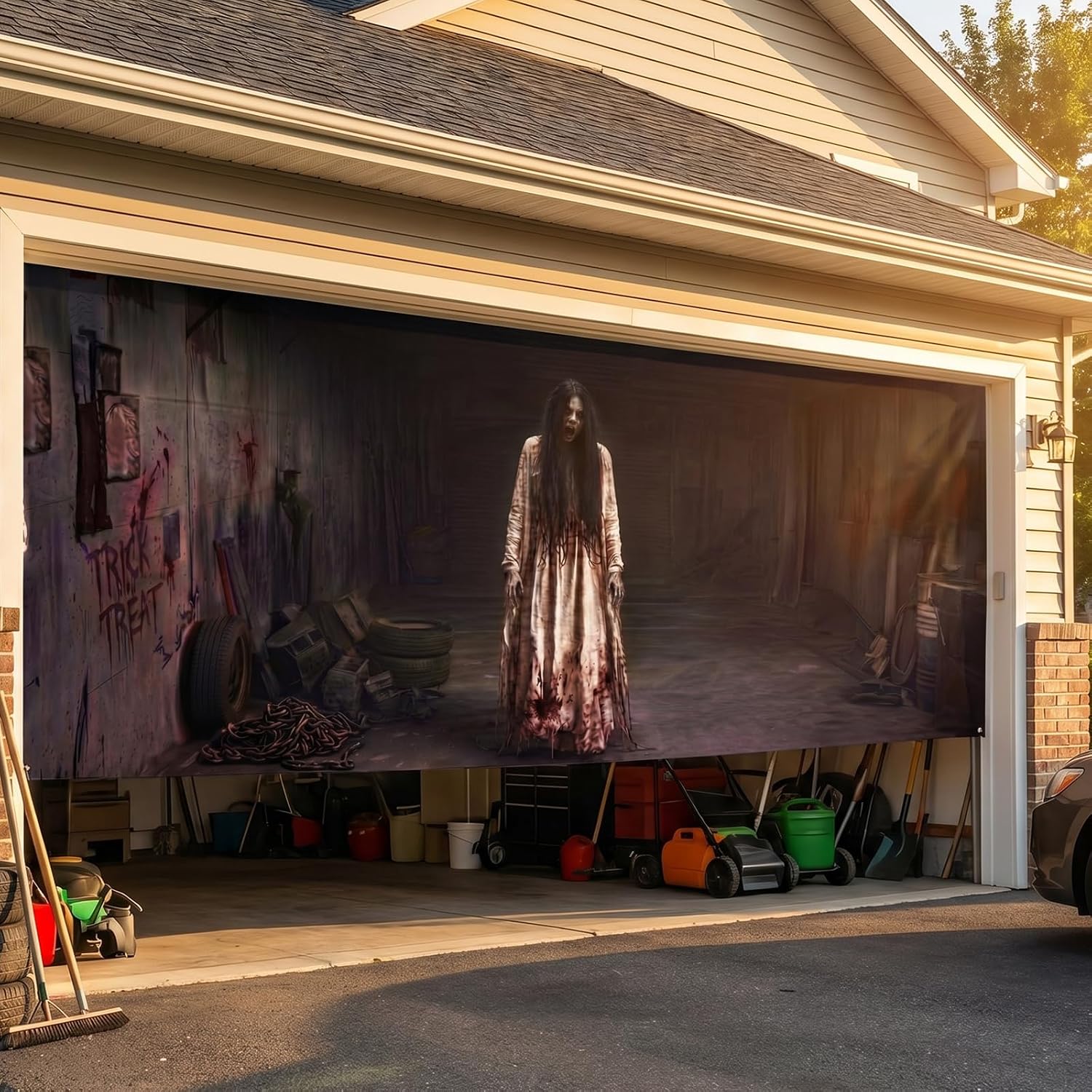 Halloween Garage Door Banner 16x7 Ft, 3D Spooky Scary Halloween Decorations Outdoor Indoor, Haunted House Party Background Cover for Double Car Garage, Large Horror Women Ghost Wall Decor