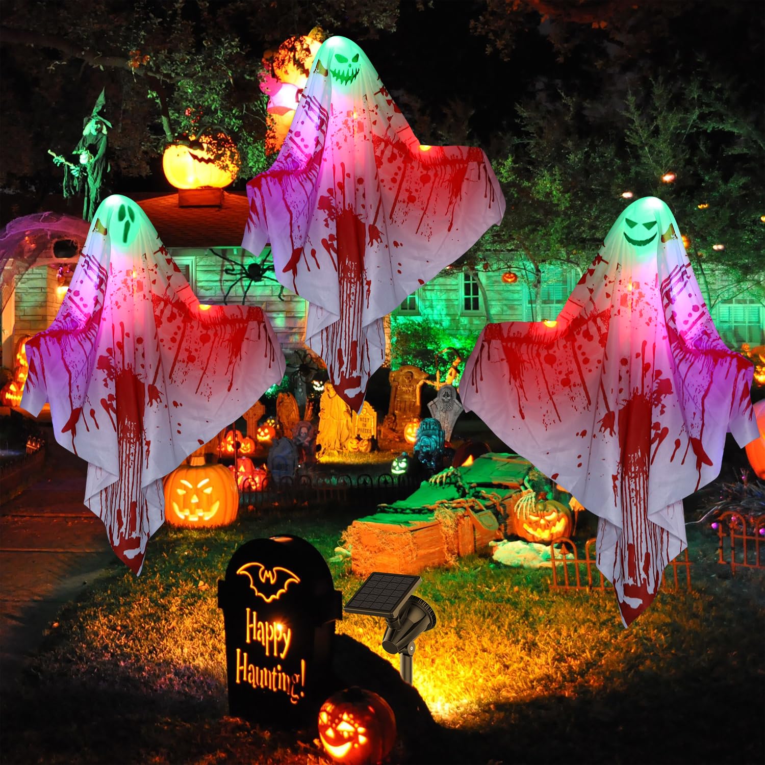 2 Stück Halloween Hänge Geist Mit LED Lichtern, Gruselige Windsack, Hängende Dekorationen für Vorgarten, Terrasse, Rasen, Garten, Partydekor